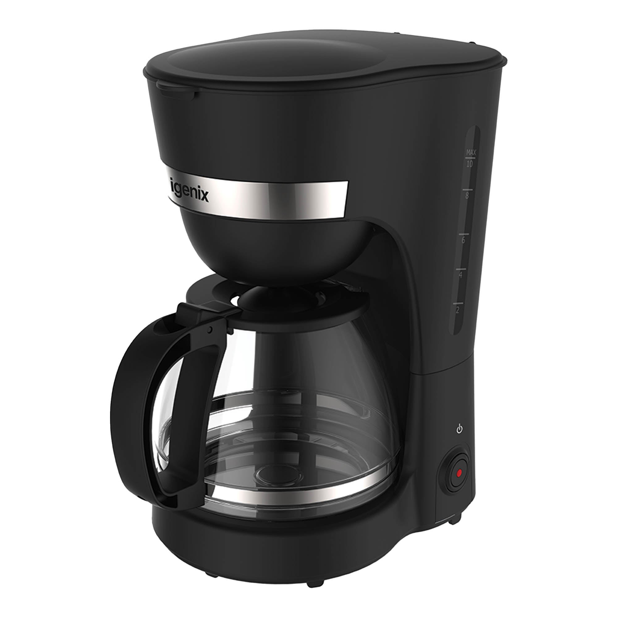 The Igenix 1.25L Filter Coffee Maker (IGCM01286B) in black, featuring a dishwasher safe glass carafe, anti-drip and keep warm functions, sits on a plain white background—perfect for daily filter coffee.