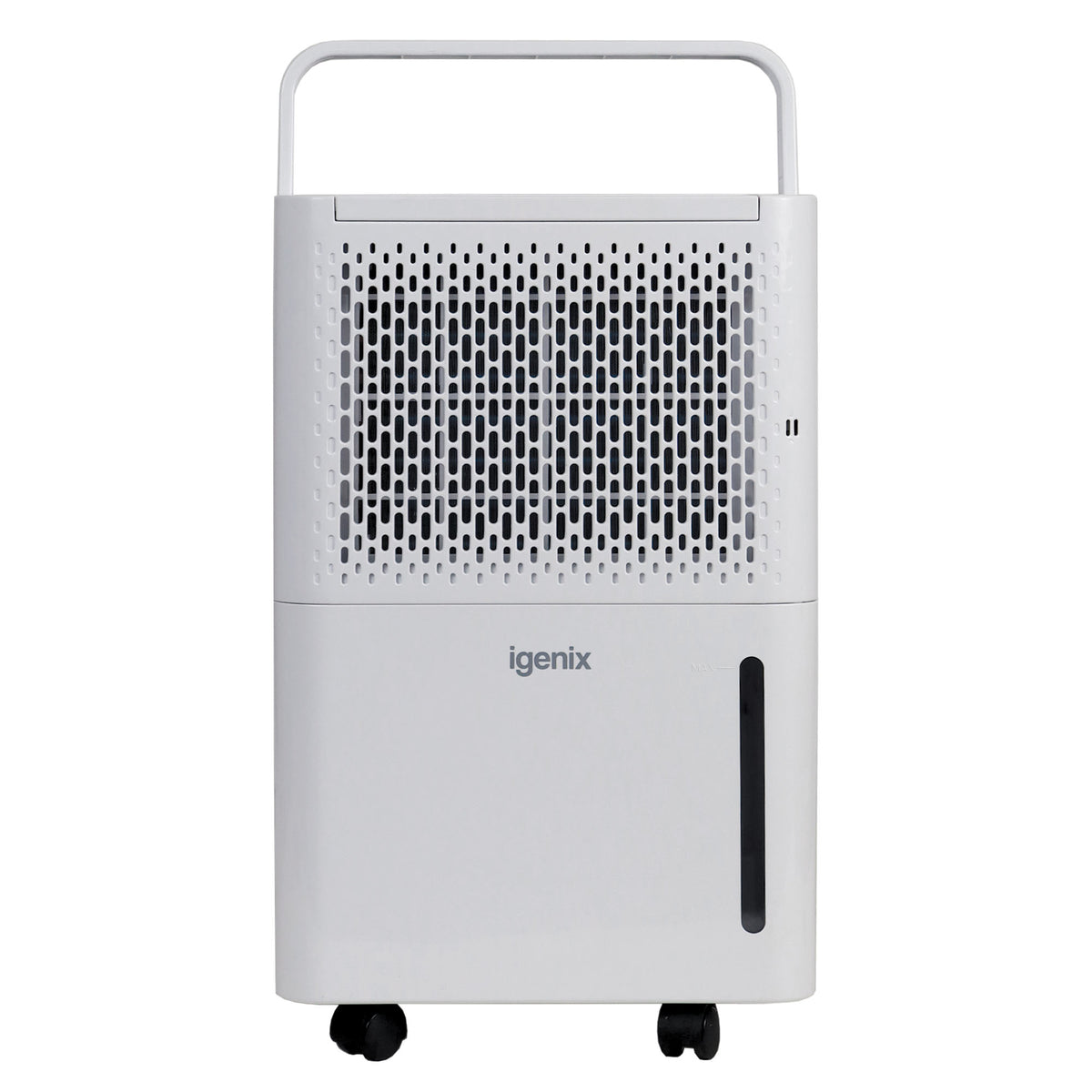White Igenix Portable Dehumidifier, Extracts 12 Litres per Day, featuring a top handle, ventilation grate, and a vertical water level indicator.