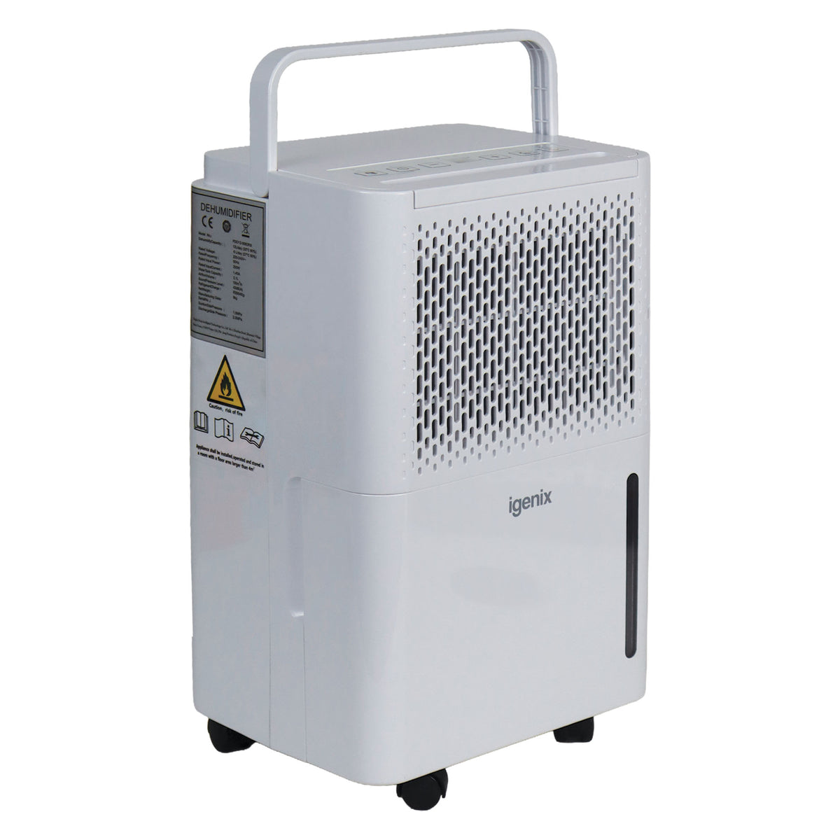 White Igenix Portable Dehumidifier, Extracts 12 Litres per Day, featuring a top handle, control panel, vent, and water level indicator window.