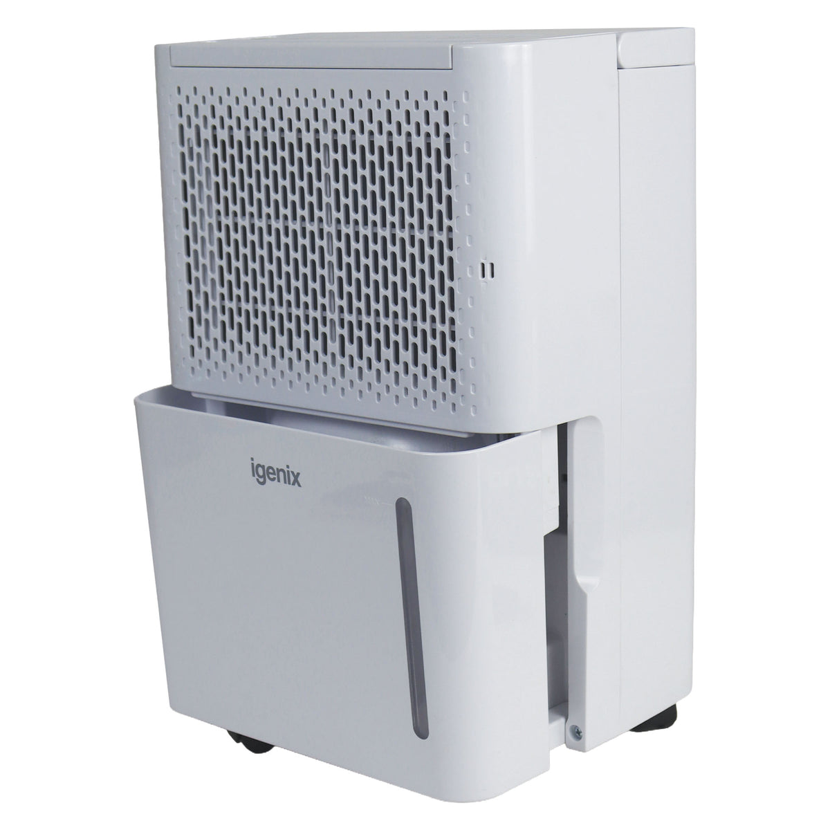 White Igenix Portable Dehumidifier, Extracts 12 Litres per Day, featuring a perforated air intake grille and a detachable water collection tank at the base.