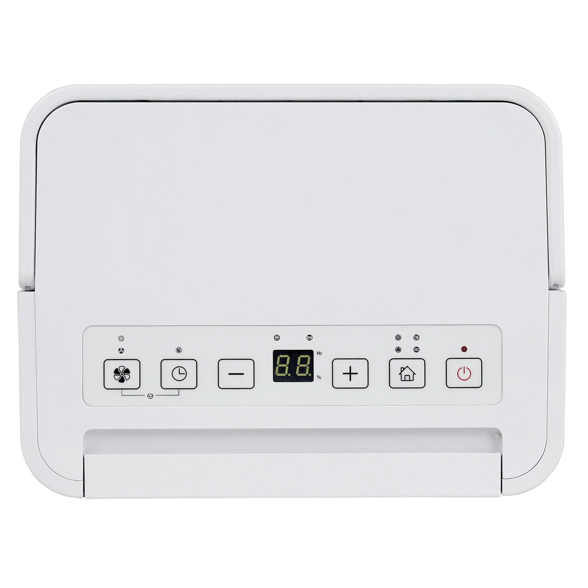 Top-down view of the Igenix Portable Dehumidifier, Extracts 12 Litres per Day, White control panel, featuring a digital display, adjustment buttons, and icons for fan speed, timer, mode, and power.