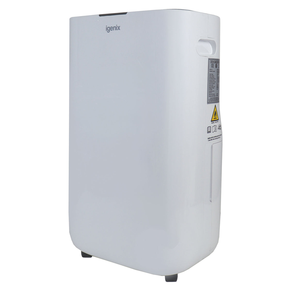 White Igenix Portable Dehumidifier, Extracts 20 Litres per Day for damp and mould removal, featuring a control panel on top and a warning label on the side.