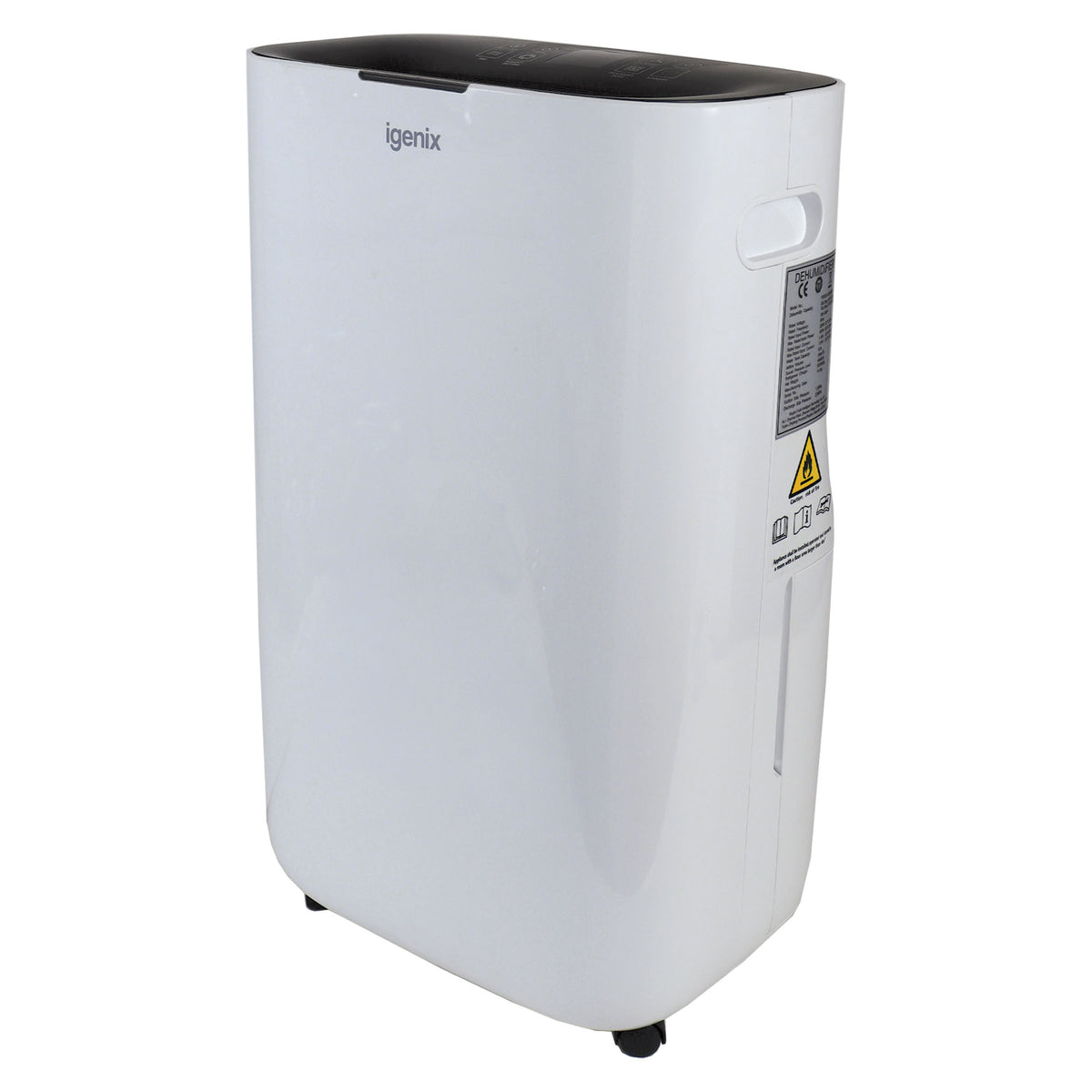 White Igenix Portable Dehumidifier, Extracts 20 Litres per Day, with a black control panel on the top.