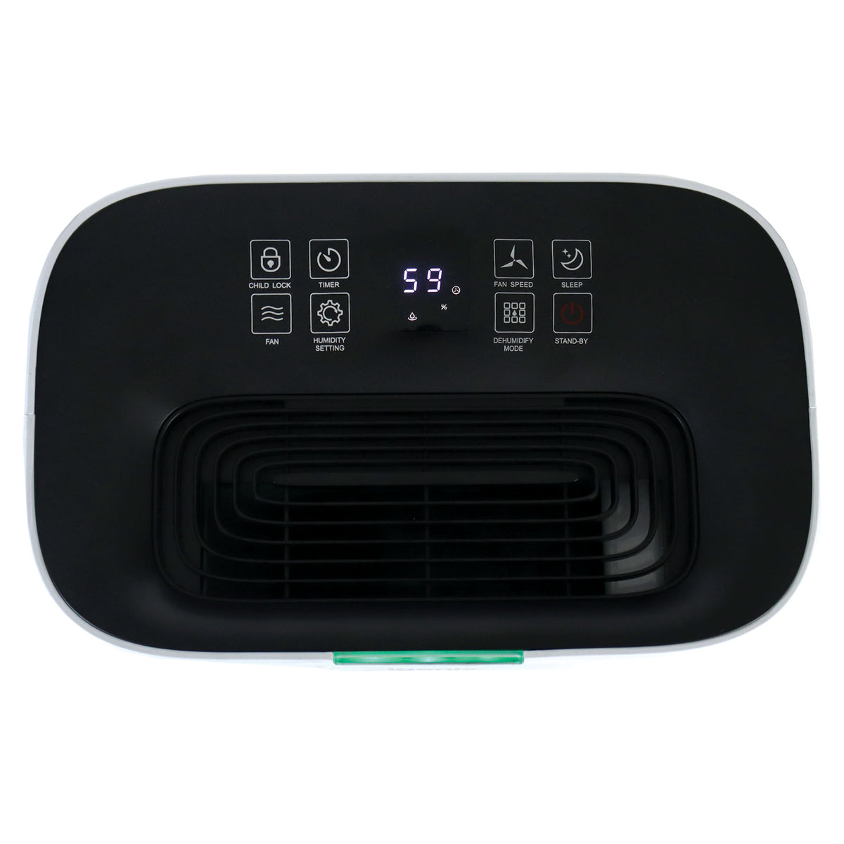 Top-down view of an Igenix Portable Dehumidifier, Extracts 20 Litres per Day, White control panel featuring a digital display showing 59%, a black air vent, and icons for child lock, timer, fan speed, sleep, humidity, and standby power.