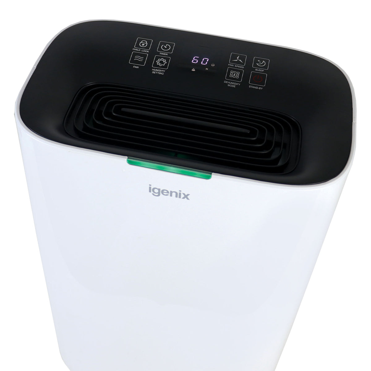 White Igenix Portable Dehumidifier, Extracts 20 Litres per Day, with a black control panel on top displaying a digital humidity reading of 60 percent for efficient damp and mould removal.