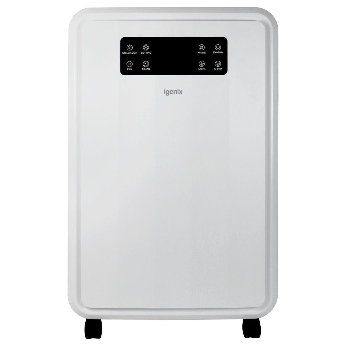 White Igenix Portable Dehumidifier, Extracts 50 Litres per Day, with a black control panel featuring touch icons for settings, fan, timer, mode, speed, sleep, and child lock.