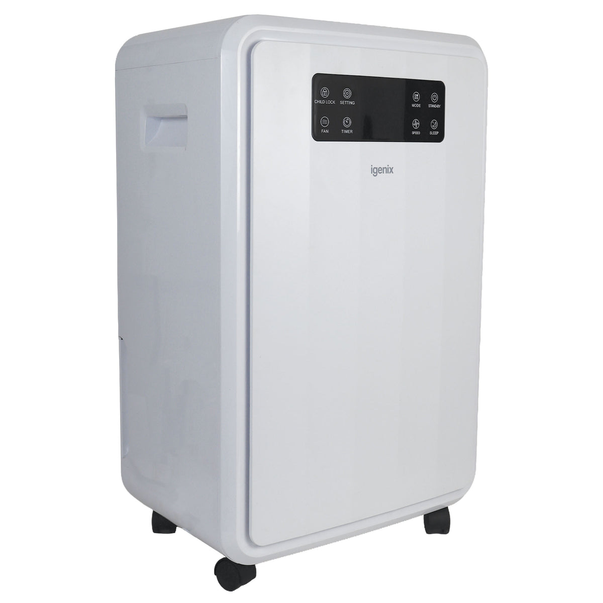 White Igenix Portable Dehumidifier, Extracts 50 Litres per Day on wheels with a top-mounted digital control panel designed to efficiently remove moisture.
