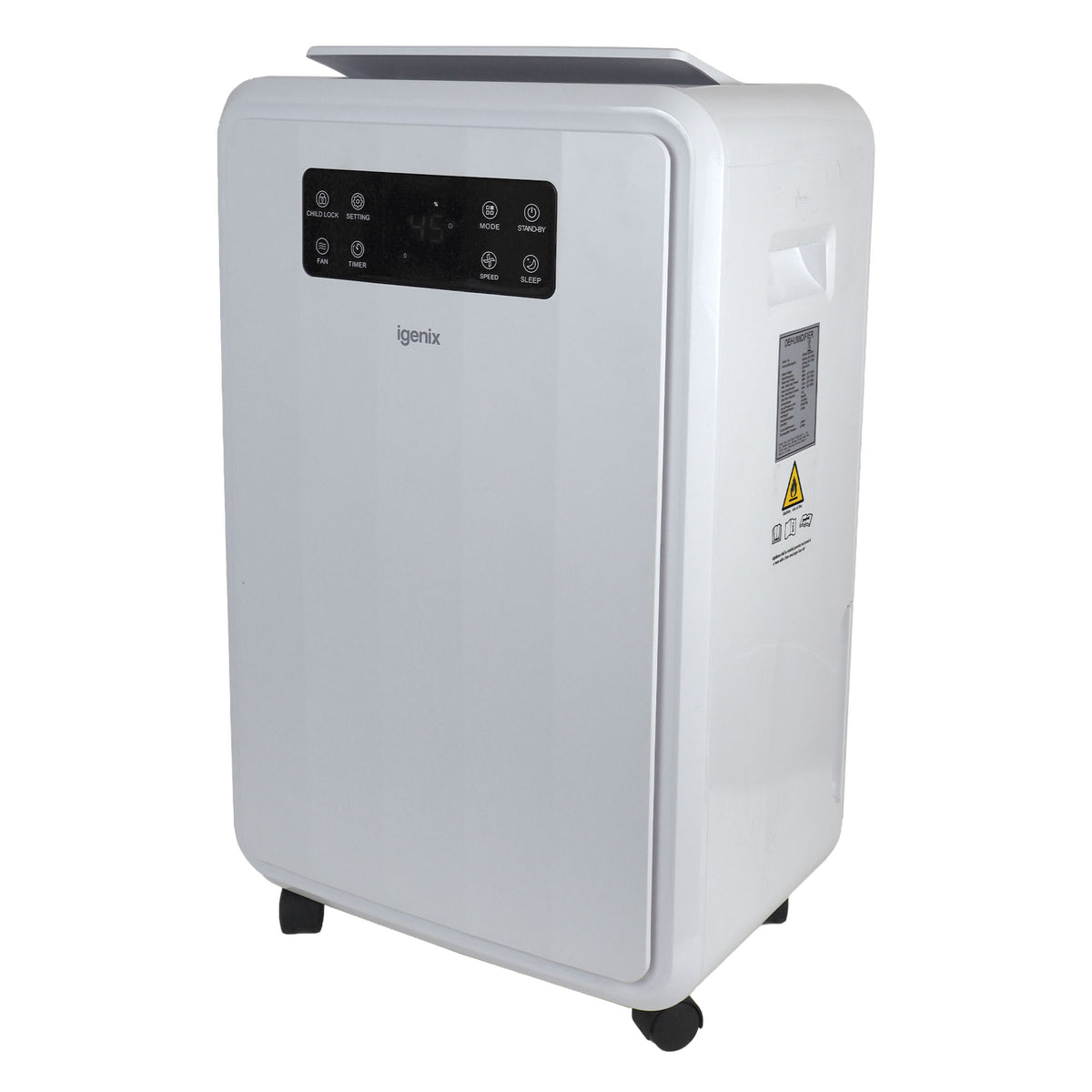 White Igenix Portable Dehumidifier, Extracts 50 Litres per Day, with a digital control panel and caster wheels for efficient moisture removal.