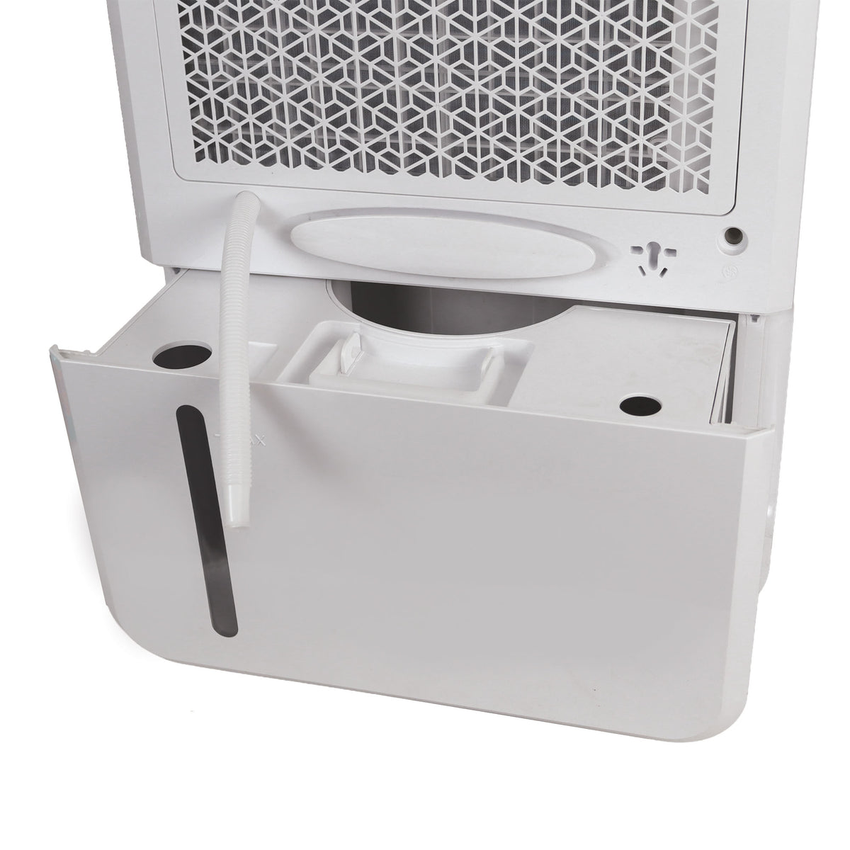 White Portable Dehumidifier, Extracts 50 Litres per Day with the water collection tank pulled out and a small drainage hose hanging down.