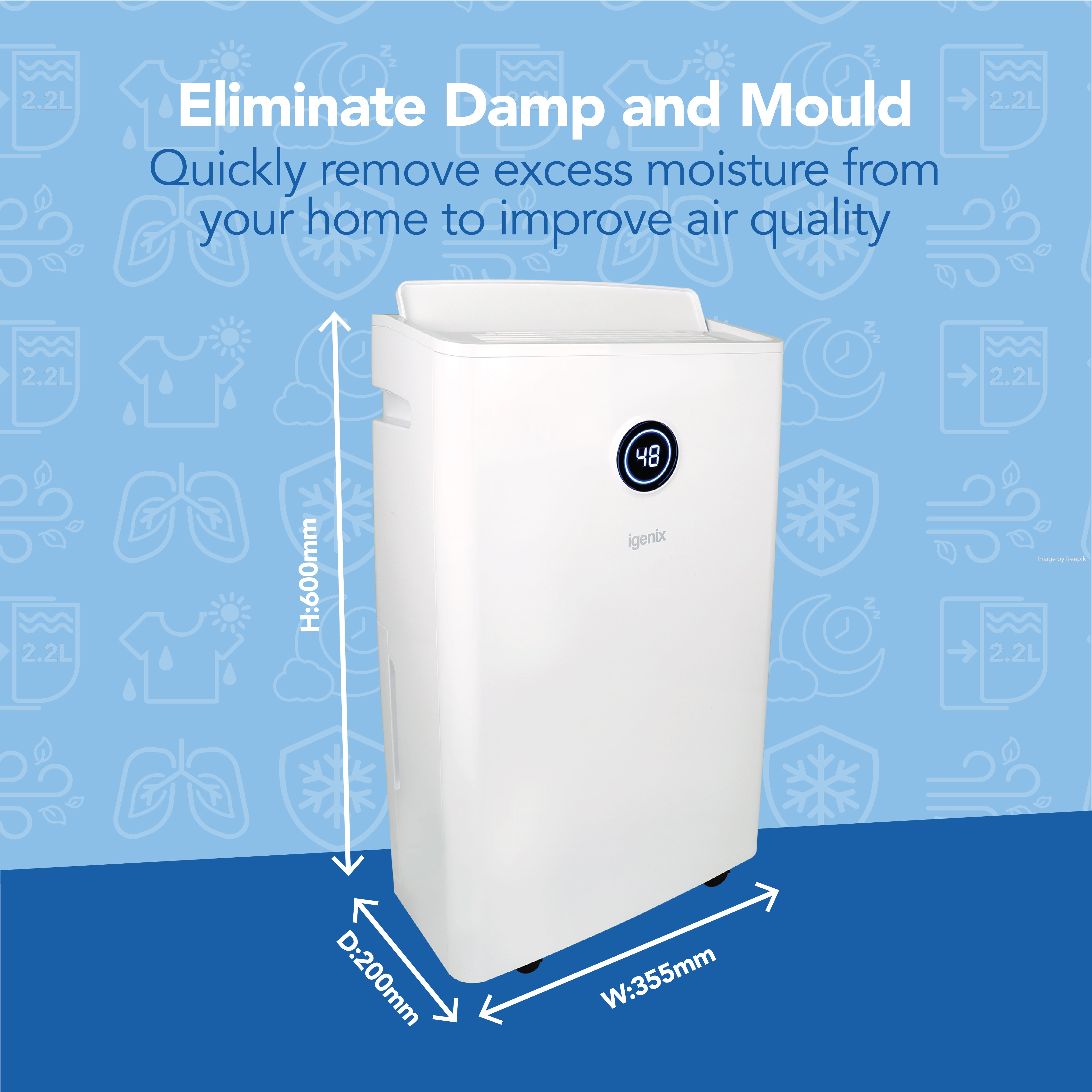 The Igenix Portable Dehumidifier, which extracts 20 litres per day, features a digital display and stands on a blue background. Text above reads: Reduce Damp & Mould. Remove excess moisture and dry clothes for better air quality. Dimensions shown beside unit.