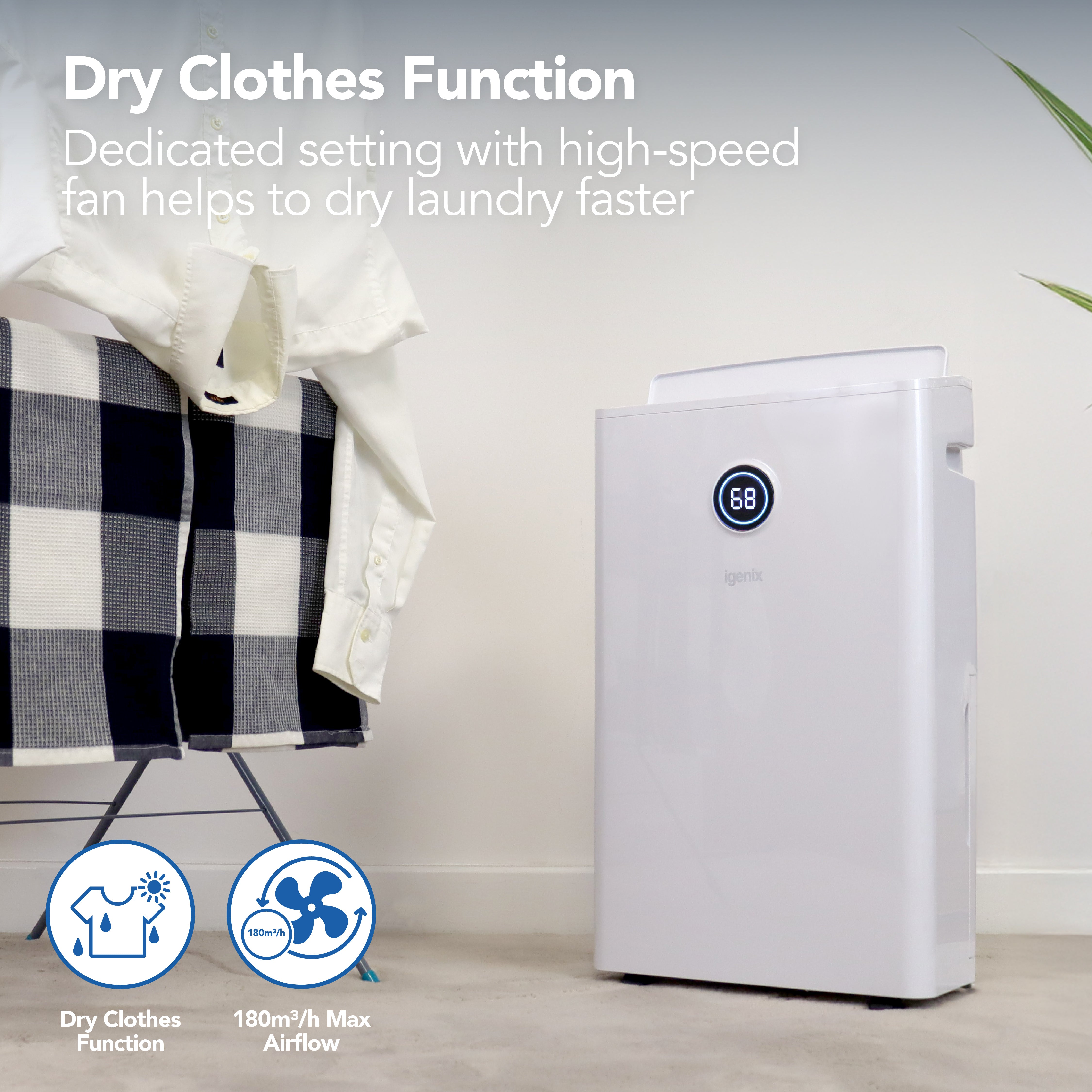 The Igenix Portable Dehumidifier, extracting 20L/day, sits by a laundry basket with a digital display reading 68. Text notes its dry clothes mode to cut damp and high-speed fan for fast drying.
