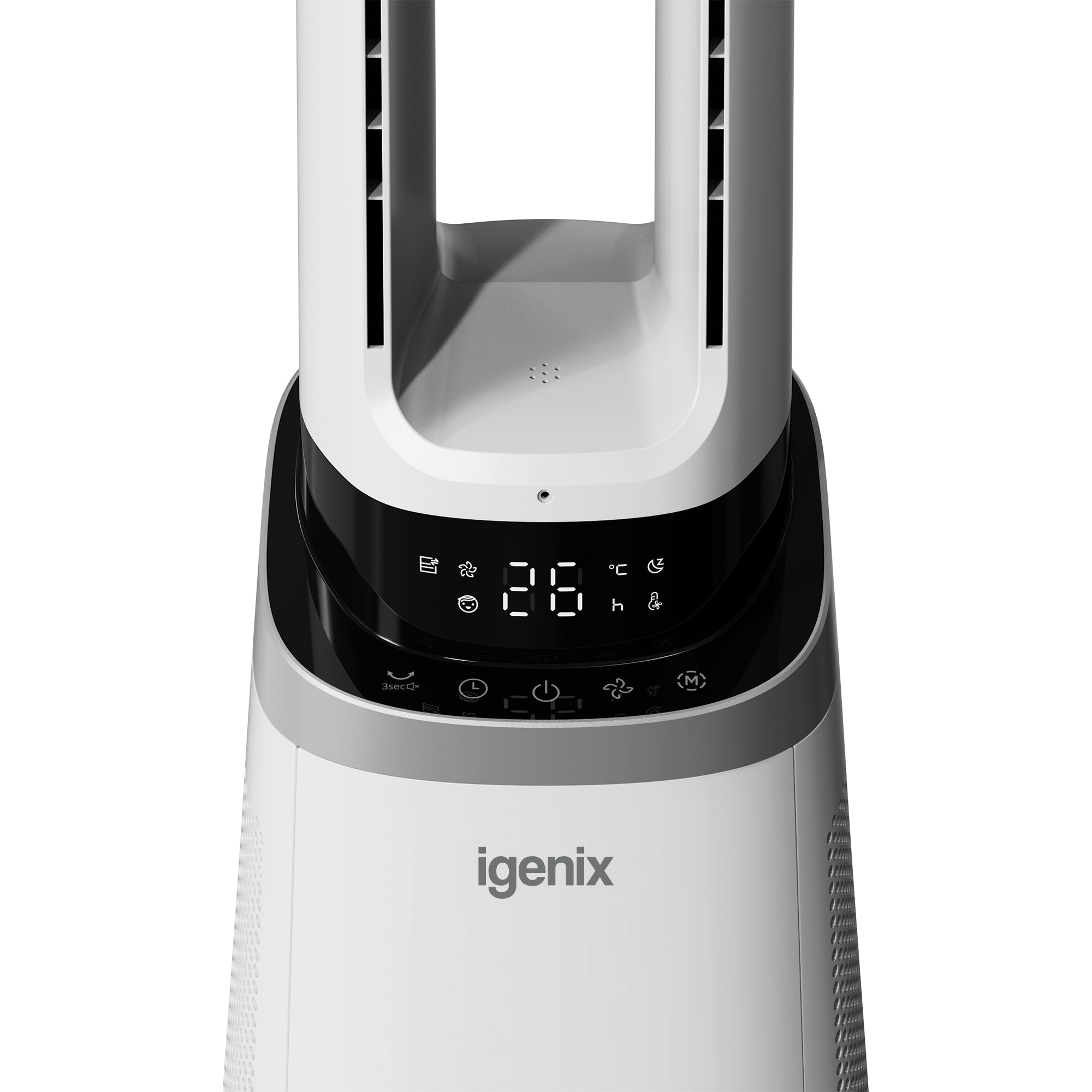 A close-up of the Igenix 41 Inch Bladeless Fan with Air Purifier (IGFD02549W) shows its digital display set to 26°C and control icons on the black touch panel.