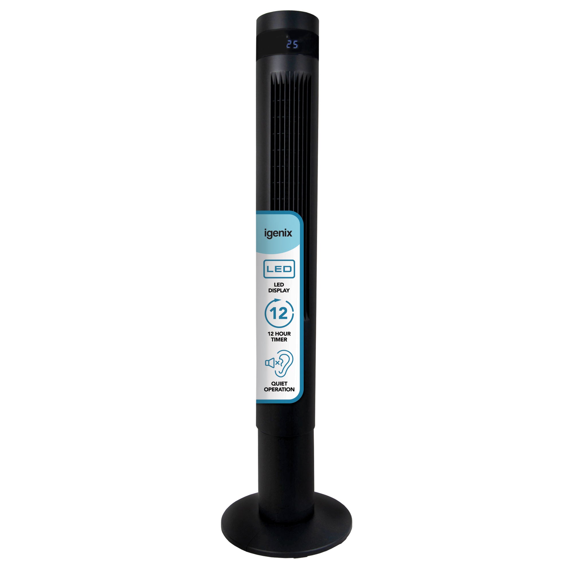 The Igenix 43 Inch Digital Tower Fan in black features an LED display, control buttons, touch controls, a 12-hour timer, quiet oscillation, and 3 speed settings, all housed in an upright design with a round base.