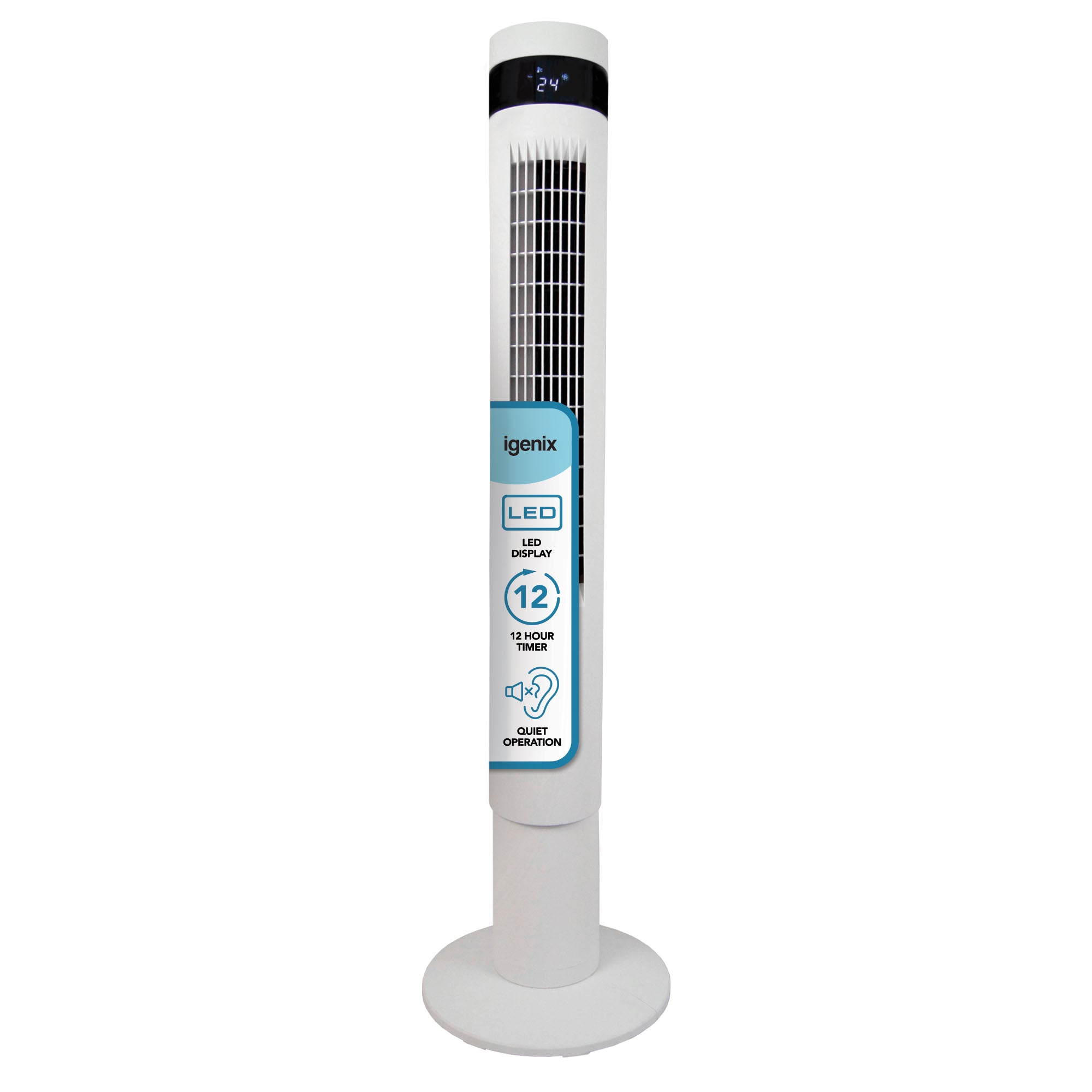 The Igenix 43 Inch Digital Tower Fan in white has a top LED display, 3 speed settings, 12-hour timer, and quiet oscillating operation. The front displays the Igenix brand.