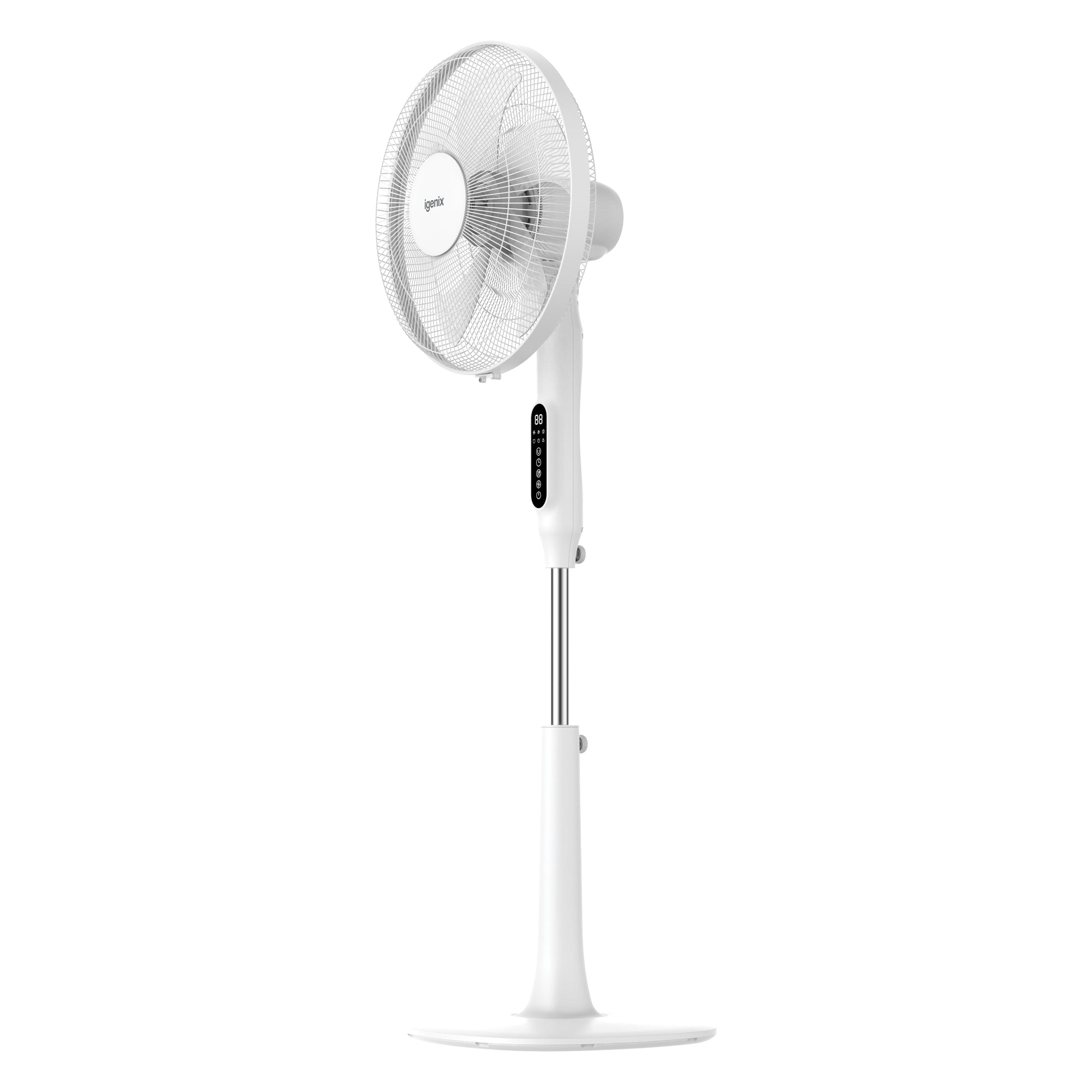 The Igenix Digital Pedestal Fan in white features a round grille, digital control panel on the stand, adjustable cooling, and remote control, shown at an angle against a plain white background.