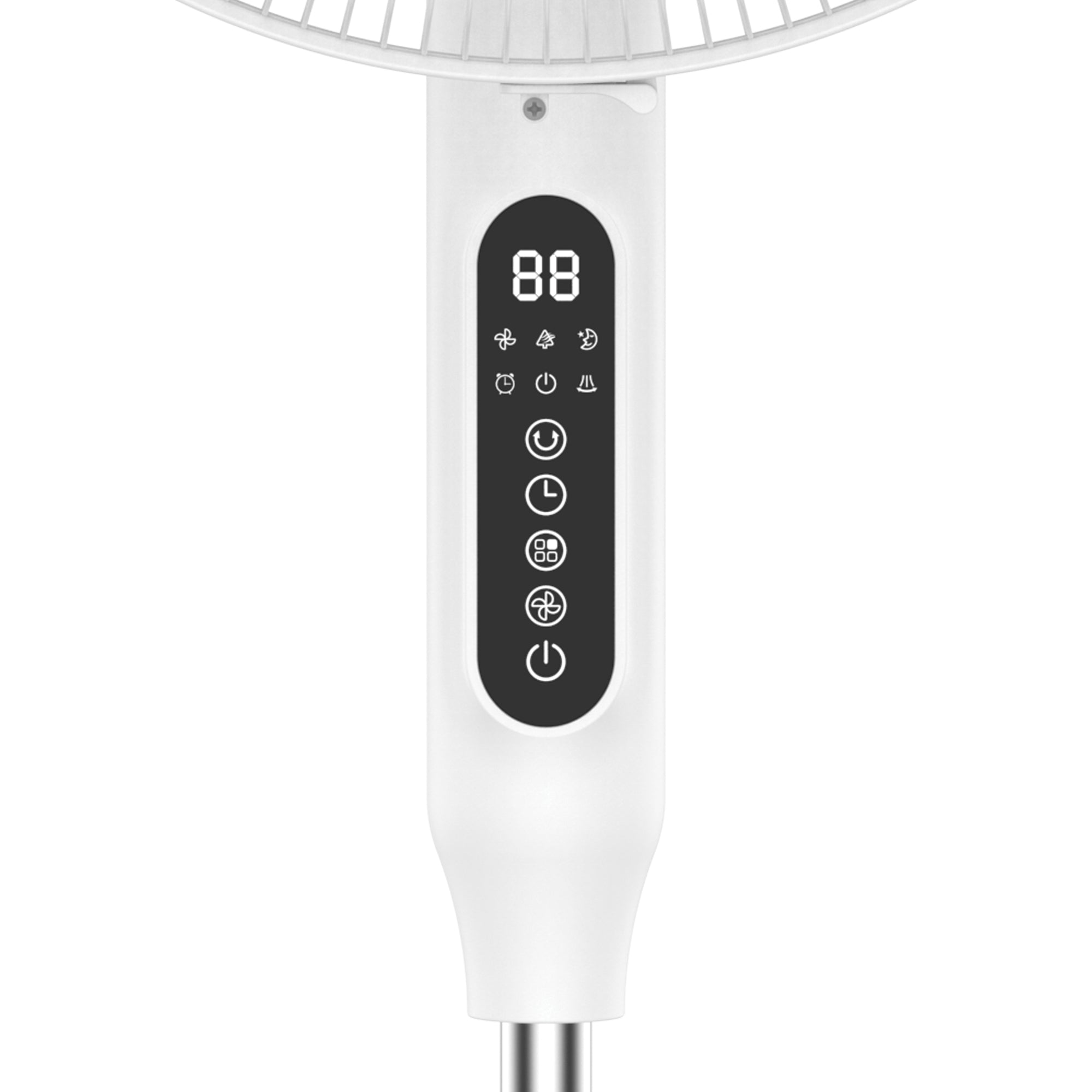 Close-up of the Igenix Digital Pedestal Fan's control panel, featuring a digital display (showing 88) and touch buttons for power, speed, timer, and mode. Enjoy adjustable cooling and the convenience of remote control by Igenix.