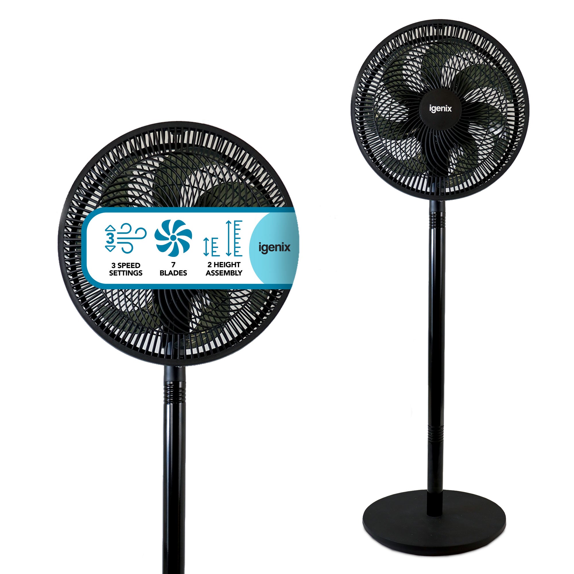Two black Igenix 12 Inch pedestal fans feature 7 blades, 3 speed settings, two height options, and round bases. Both display the Igenix logo at the center and are ideal as oscillating pedestal fans.