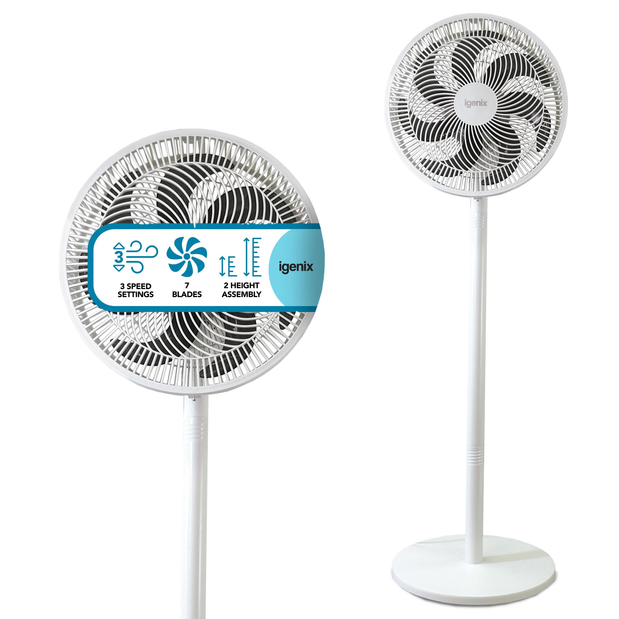 The Igenix 12 Inch Pedestal Fan features a white design with a circular head, 7 blades, 3 speed settings, and 2 height adjustments for efficient airflow throughout any room.