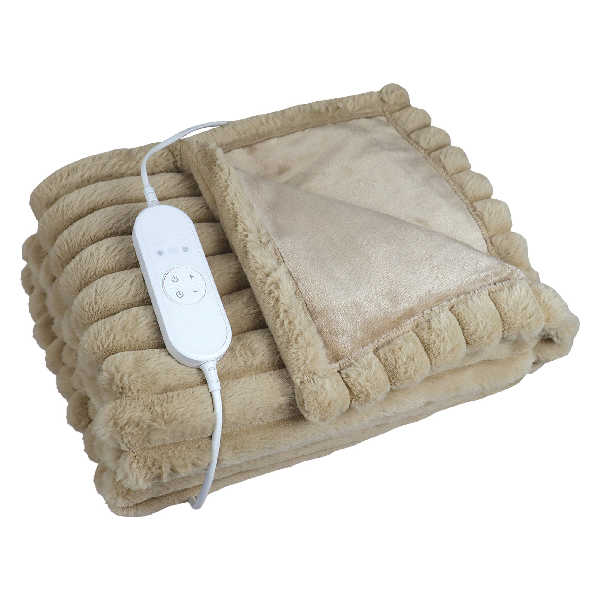 Igenix Luxury Heated Throw 160 x 130 cm – 9 Heat Settings, 9-Hour Timer, Overheat Protection, Machine Washable, Detachable Controller, Elastic Straps (Beige)