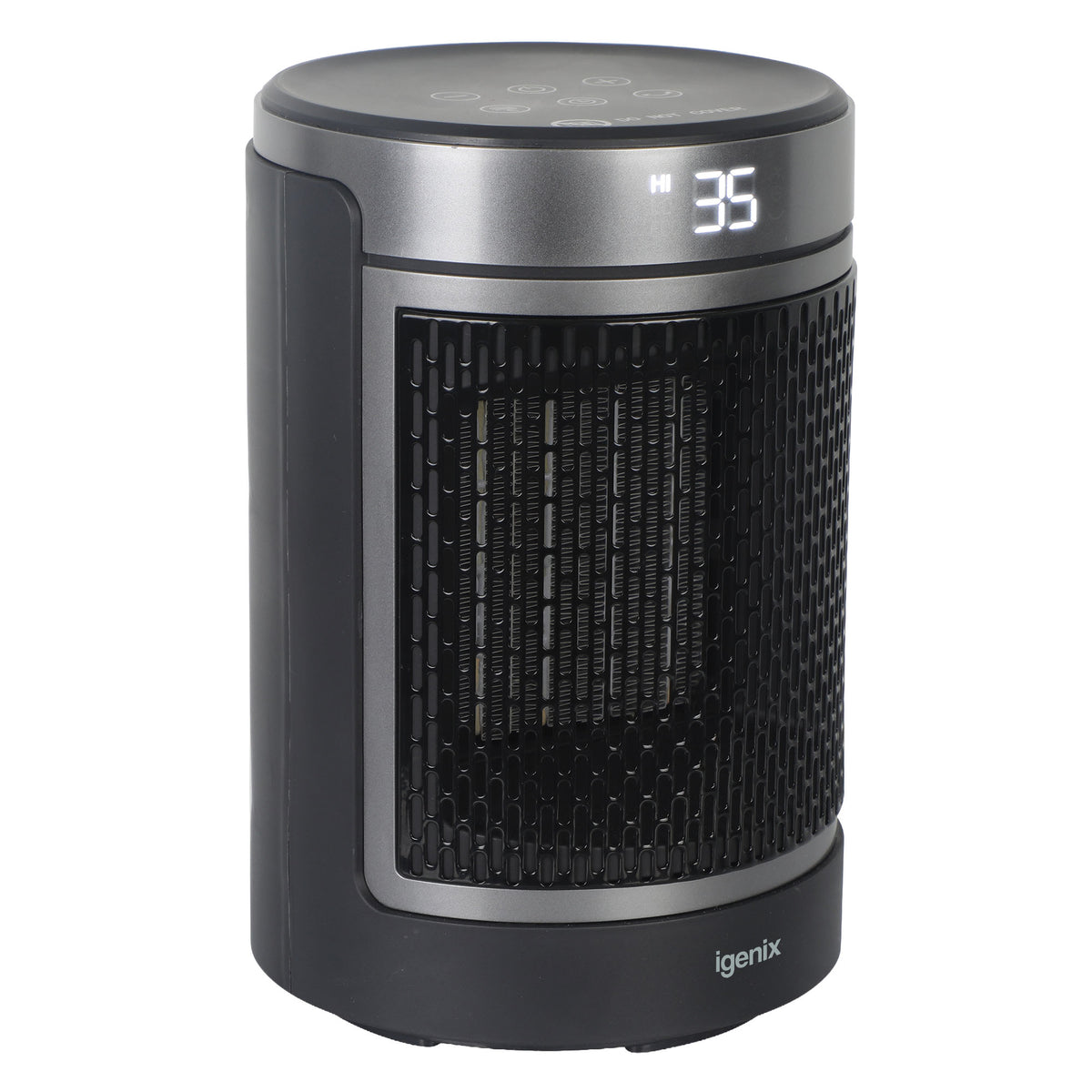Igenix Portable Tubular Desktop Fan Heater, 1500W, Black, featuring a cylindrical shape, a digital temperature display, and a black front grille.