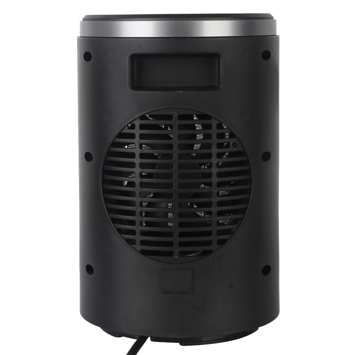 Igenix Portable Tubular Desktop Fan Heater, 1500W, Black cylindrical desktop PTC fan heater with a circular front grille and a silver top trim.