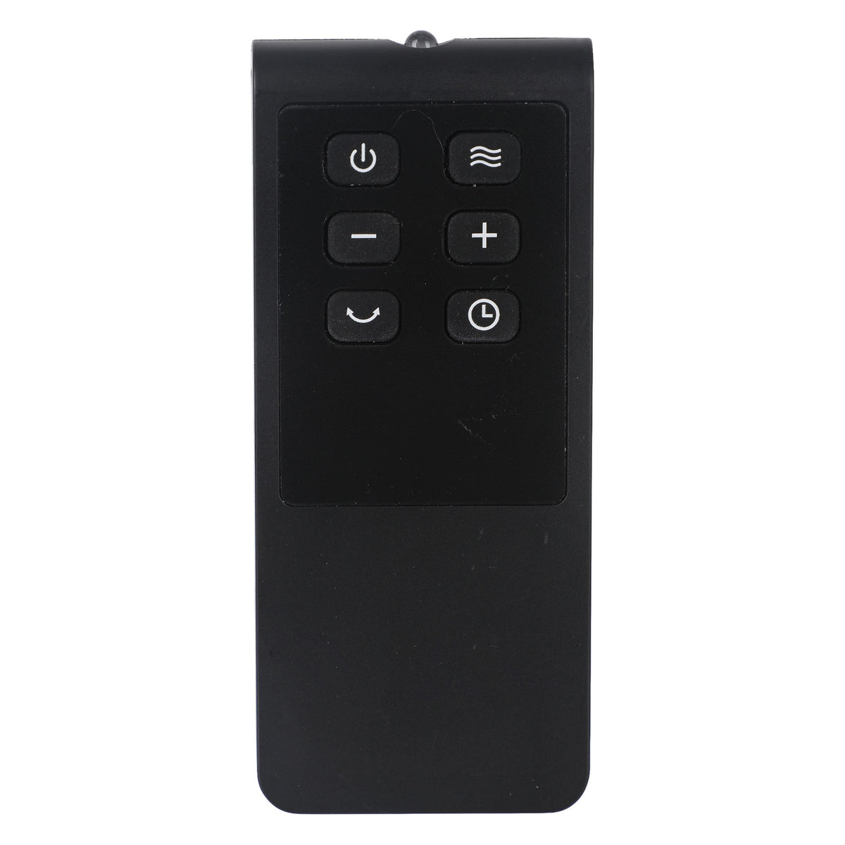 Black remote control for the Igenix Portable Tubular Desktop Fan Heater, 1500W, Black, featuring six buttons with icons for power, heating, plus and minus signs, oscillation, and a timer.