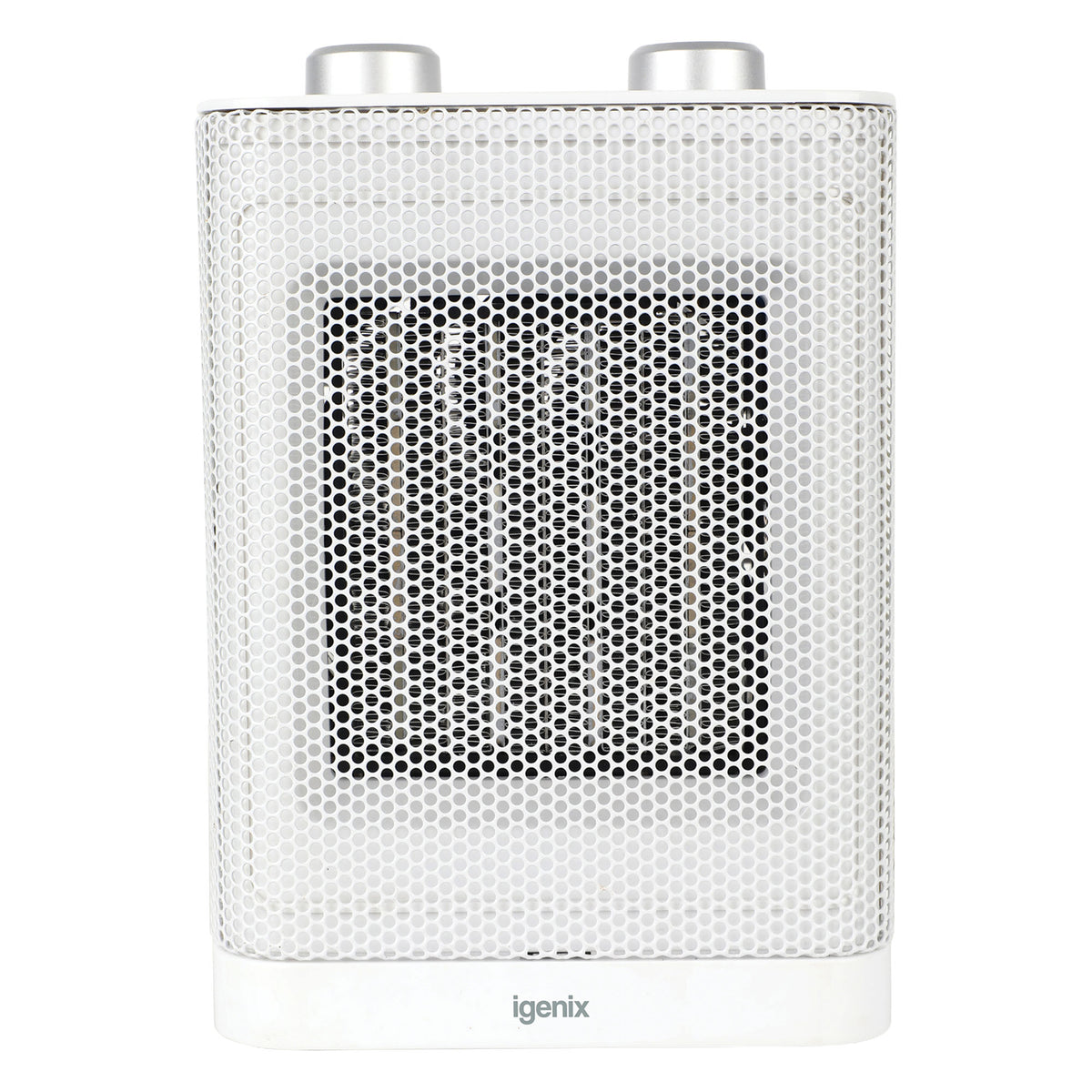 Igenix Tabletop Fan Heater, 1500W, White, with a metal mesh front and two control knobs on top.