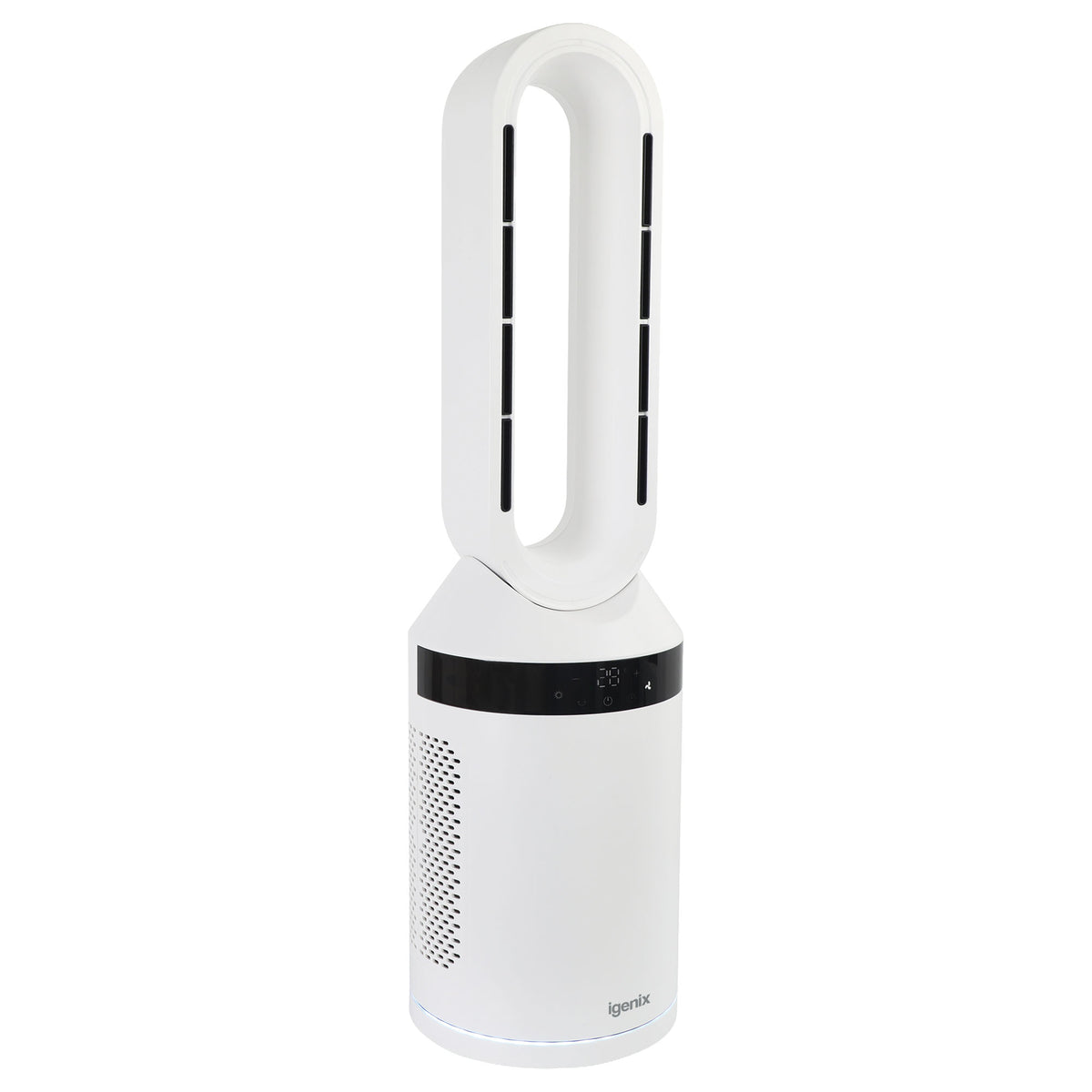 White Igenix 2000W Bladeless 2-in-1 Fan Heater featuring a digital display and a cylindrical base.
