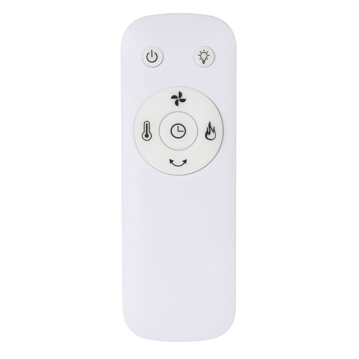 White remote control for the Igenix 2000W Bladeless 2-in-1 Fan Heater, featuring a power button, light icon, and a central circular navigation pad with icons for fan speed, timer, heat, and oscillation.