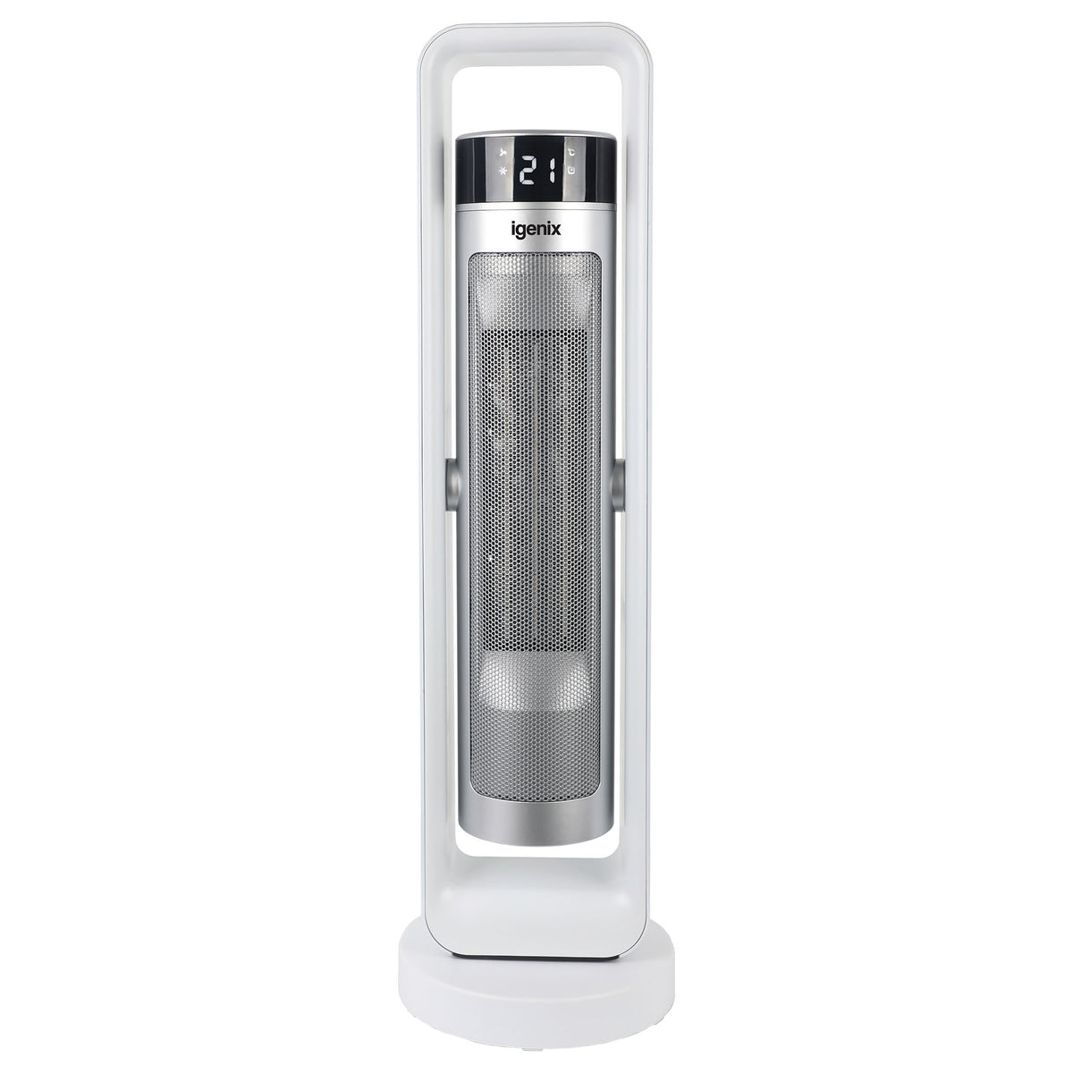 White and silver Igenix 2200W Bi-Directional Tower Fan Heater with a digital display showing 21 degrees.