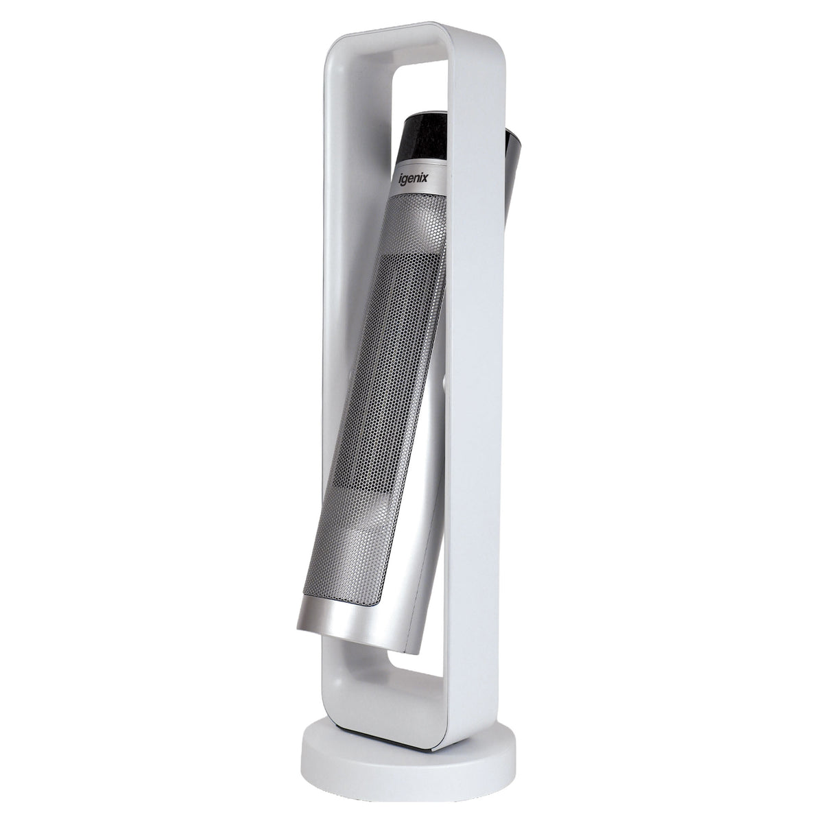 White Igenix 2200W Bi-Directional Tower Fan Heater with a central oscillating ceramic heating element.