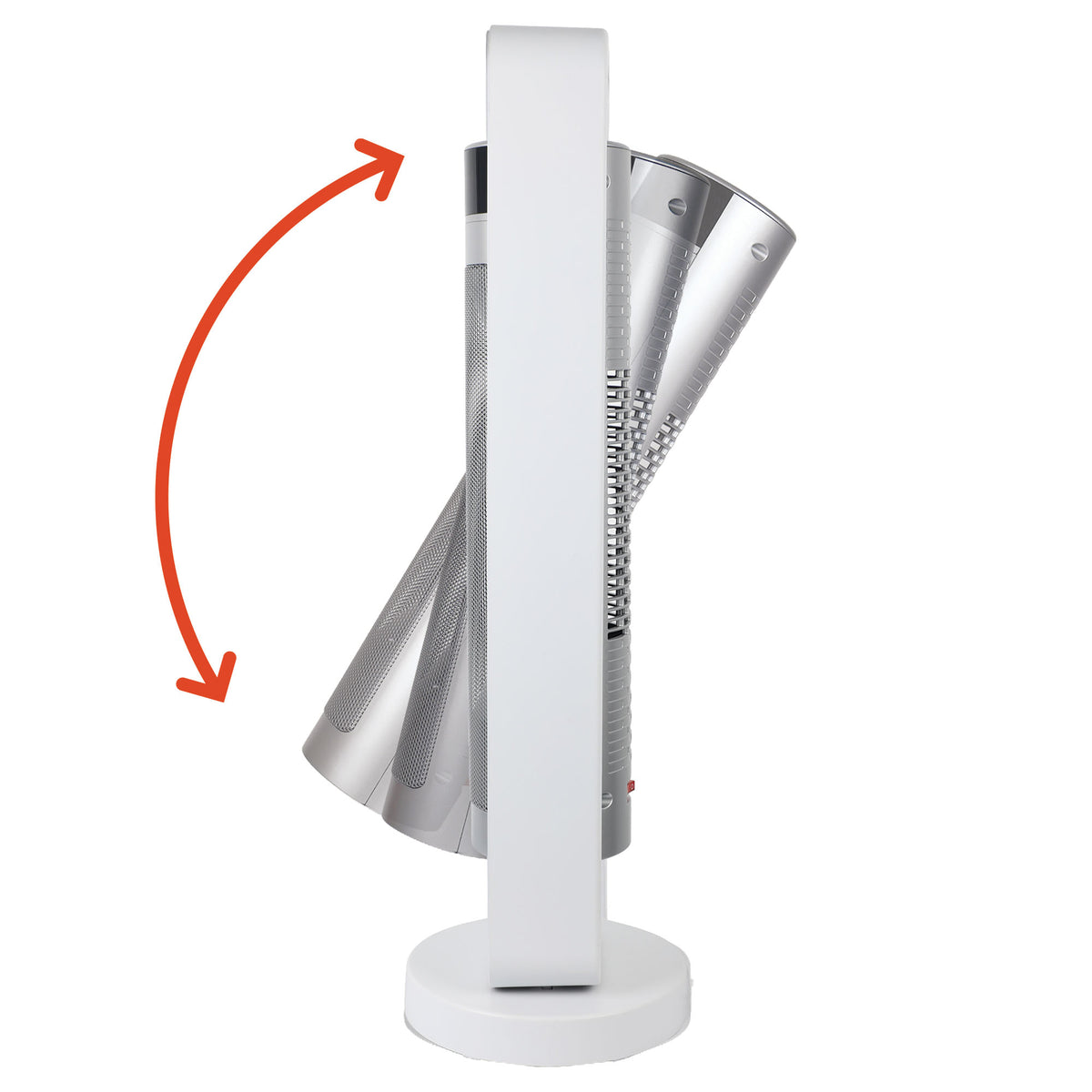 A white Igenix 2200W Bi-Directional Tower Fan Heater showing its tilting mechanism, indicated by a curved orange arrow.