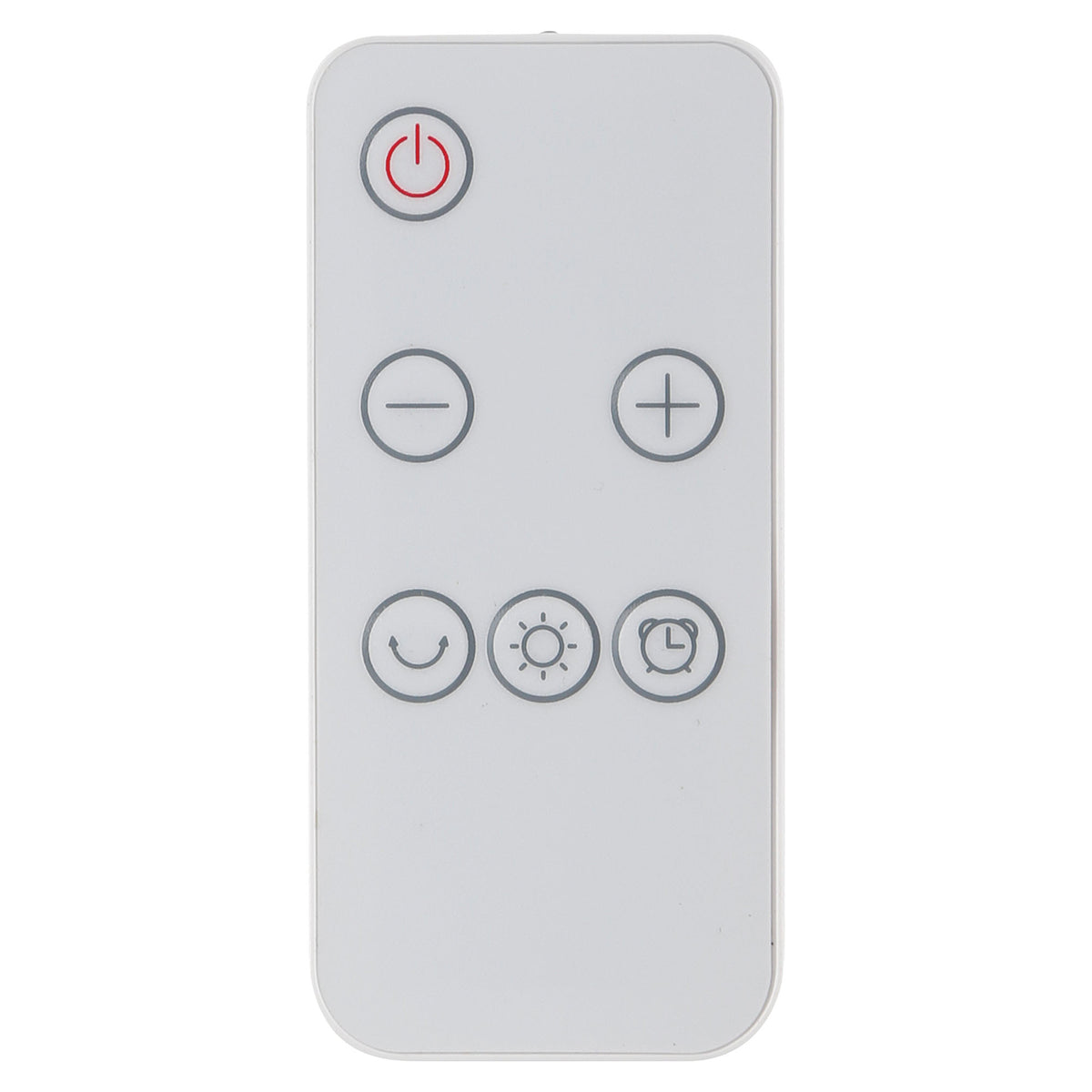 White rectangular remote control for the Igenix 2200W Bi-Directional Tower Fan Heater with a power button, plus and minus symbols, and buttons for oscillation, heat settings, and a timer.