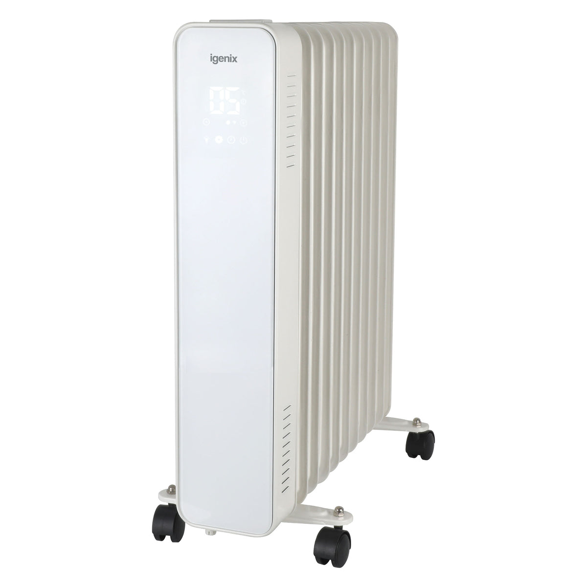 White Igenix Smart Oil Filled Radiator, 2500W, 11 Fin, Portable Electric Heater with a remote-controlled digital display panel and four caster wheels.