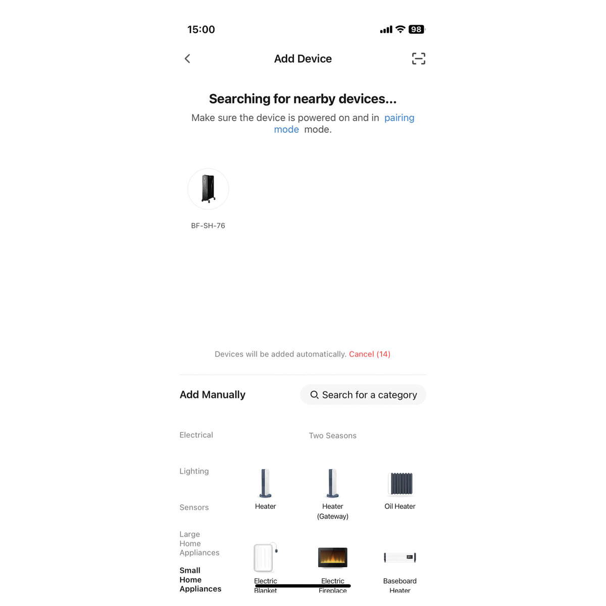 Smartphone screen showing a device discovery interface with a list of Smart Oil Filled Radiator, 2500W, 11 Fin, Portable Electric Heater, White categories to add manually.