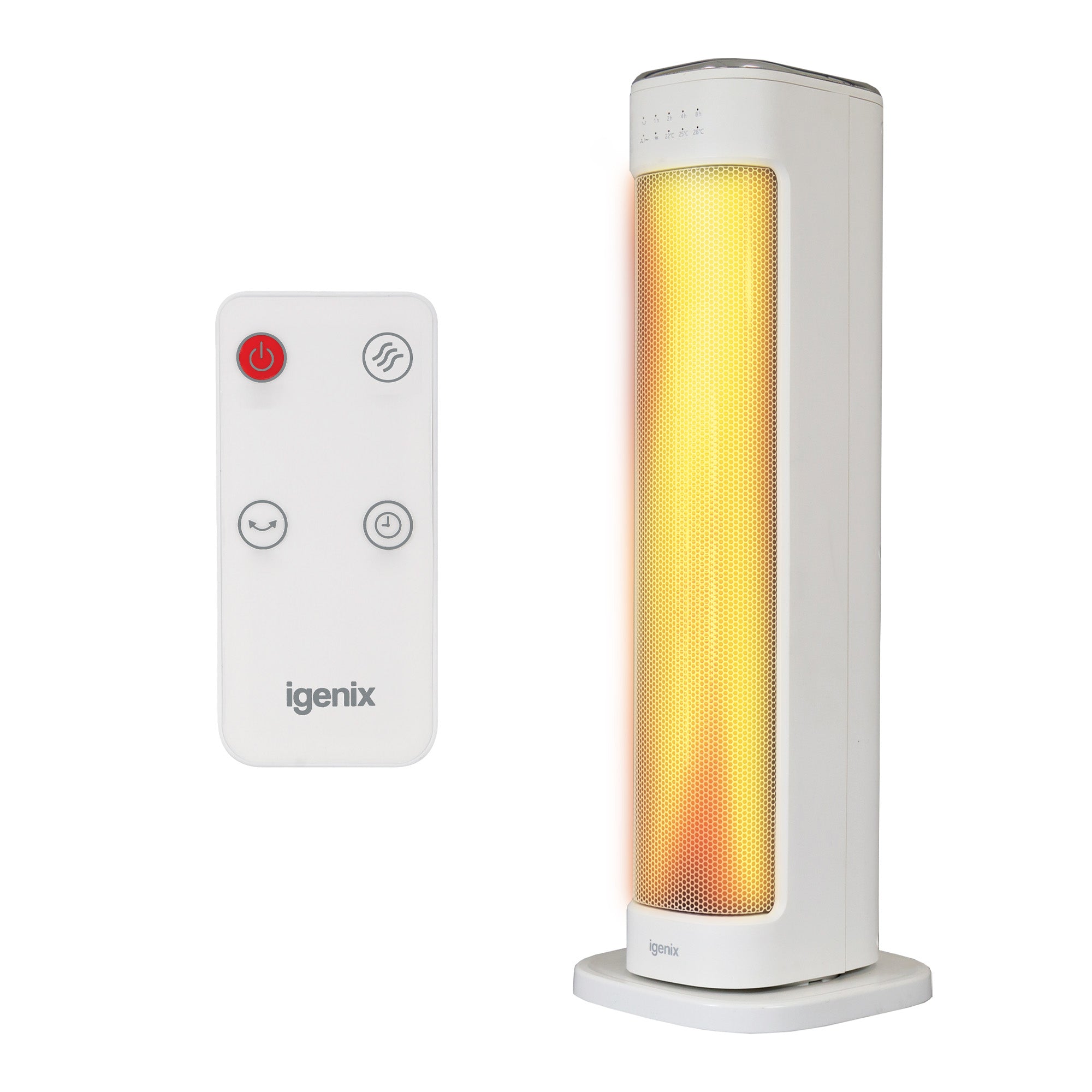 An Igenix Oscillating Tower Heater With 3 Heat Settings in white, featuring a yellow glowing front panel, stands next to its matching white remote control with four buttons and the Igenix logo.