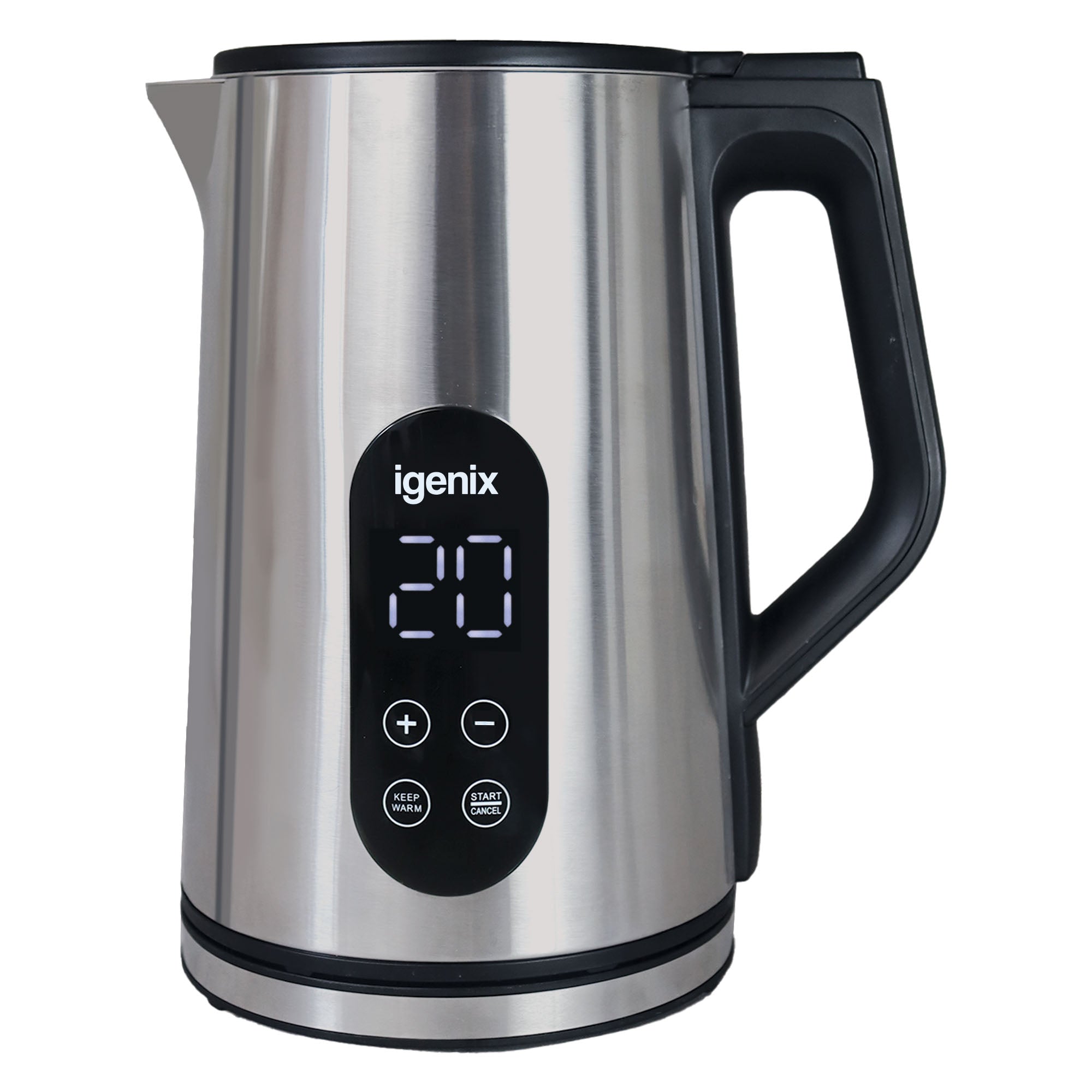 The Igenix 3000W 1.5L Digital Jug Kettle features stainless steel design, rapid boiling, a digital display showing 20, black handle, and temperature control buttons—Keep Warm, Start/Stop, plus/minus. The Igenix logo sits above the display.