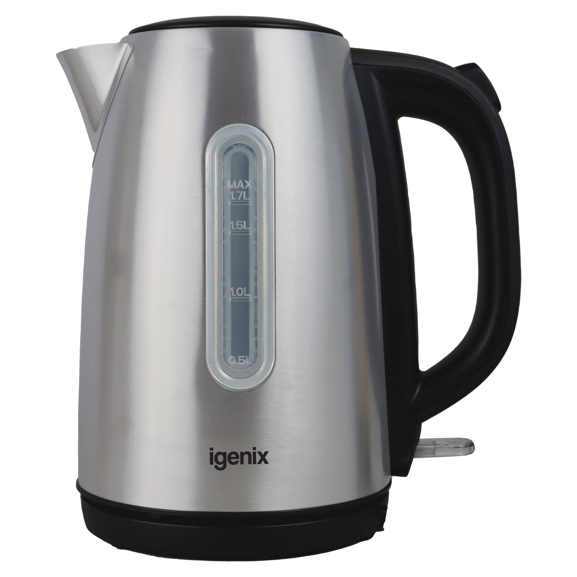 The Igenix 3000W 1.7L Jug Kettle features a stainless steel body, rapid boiling, black handle and base, transparent water level indicator, and the Igenix brand name on the front.