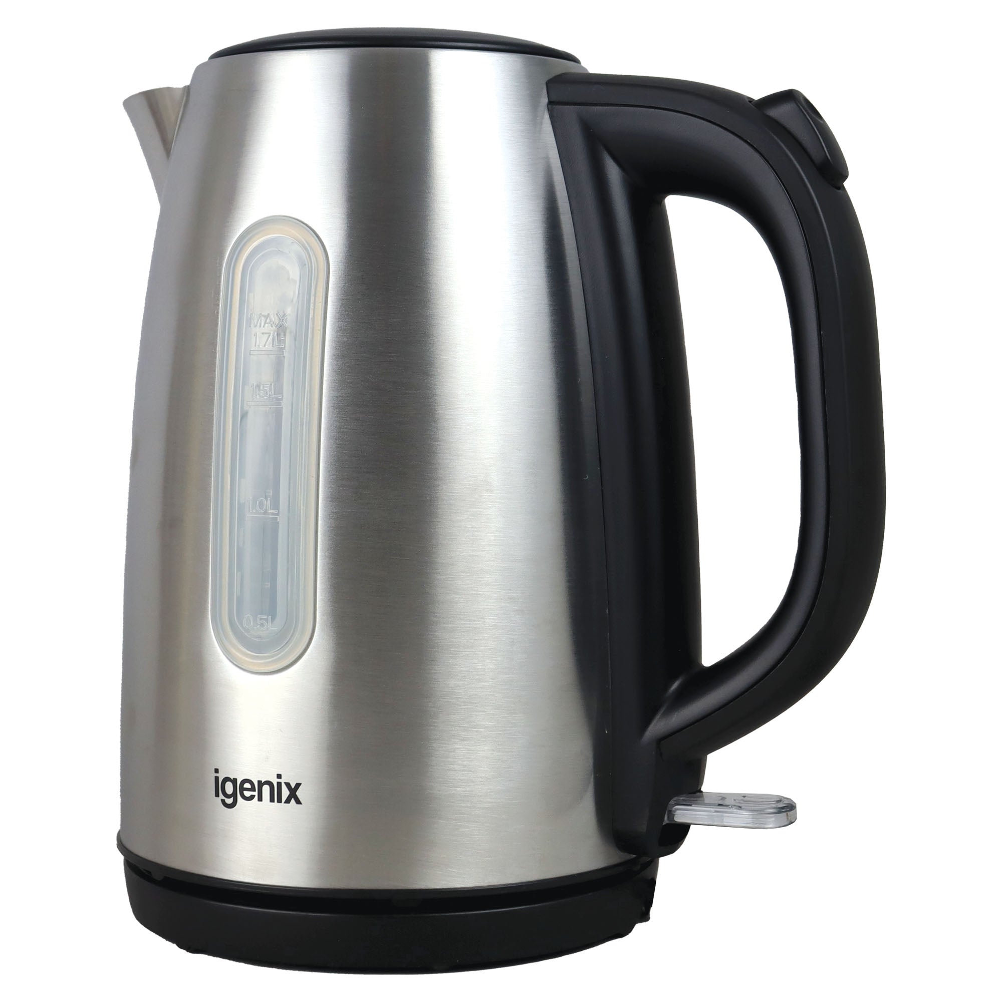 The Igenix 3000W 1.7L Jug Kettle features stainless steel construction, a rapid boil function, black handle and base, a side water level indicator, and the Igenix brand name near the bottom.