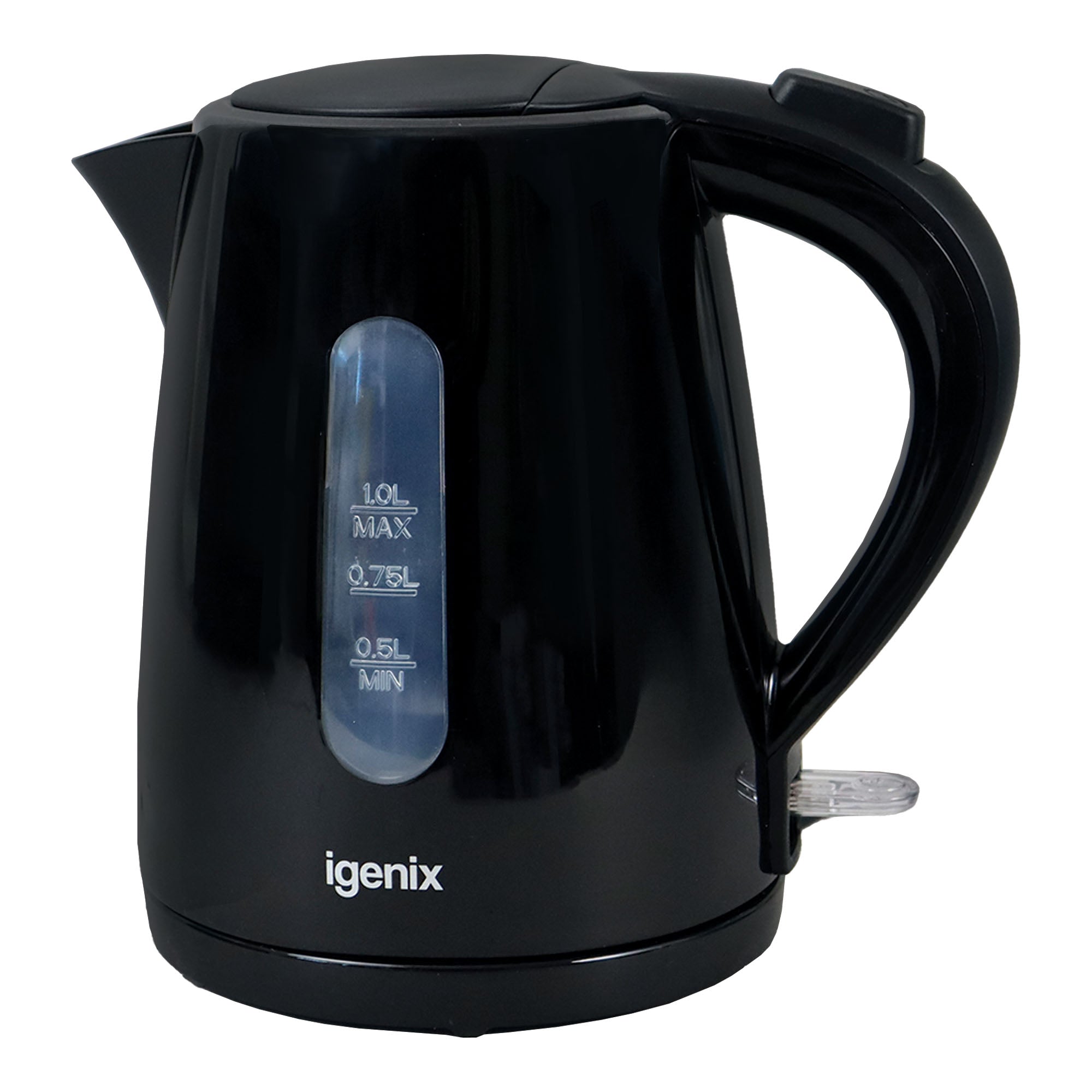 The Igenix 1 Litre Cordless Jug Kettle (2200W, Black) features a handle and a transparent water level indicator with measurements from 0.5L to its full 1-litre capacity, and proudly displays the Igenix brand name on the front.