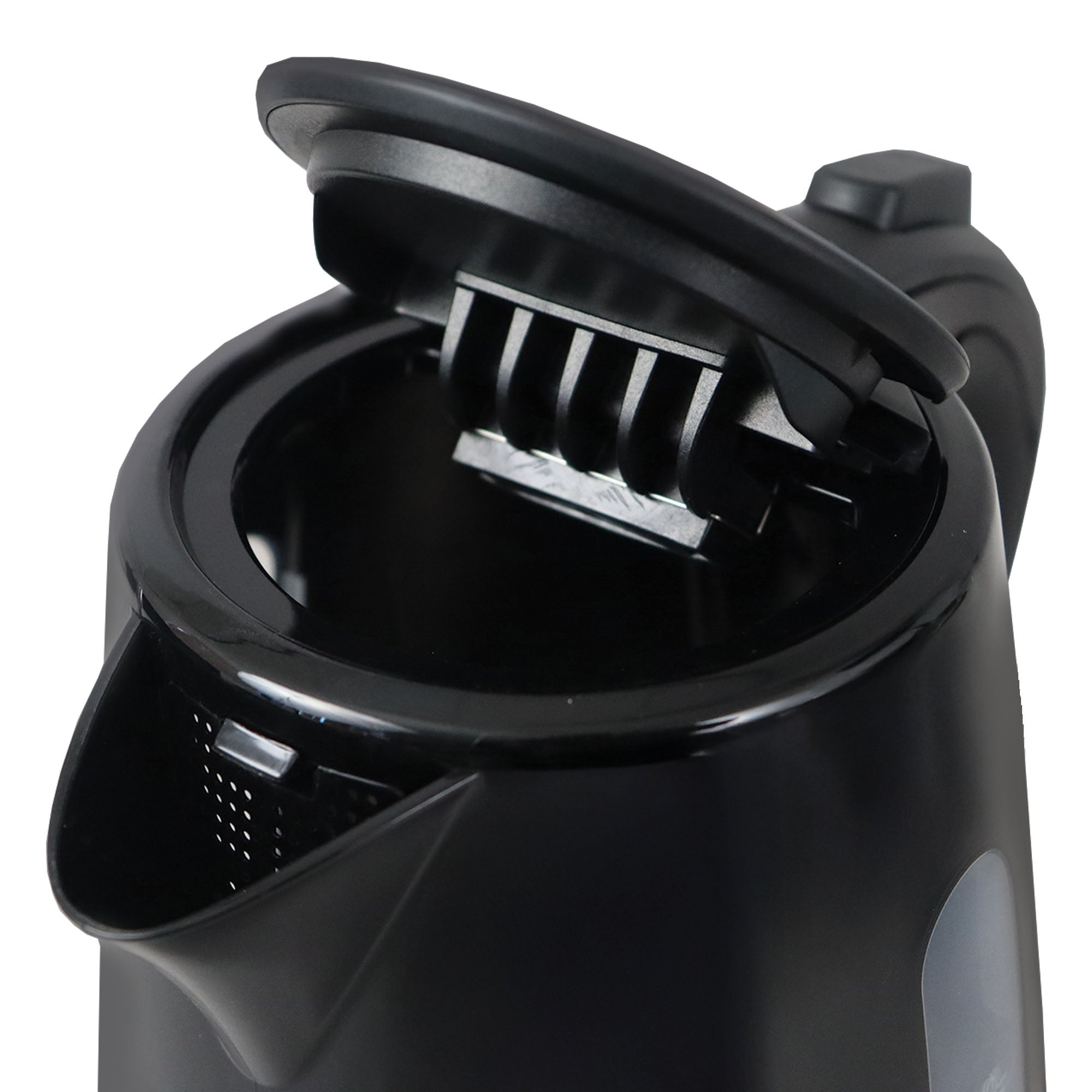 Close-up of the Igenix 1 Litre Cordless Jug Kettle in black, showing the inside lid and spout with a filter. This energy-efficient 2200W kettle features a 1-litre capacity, making it ideal for quick and convenient boiling.
