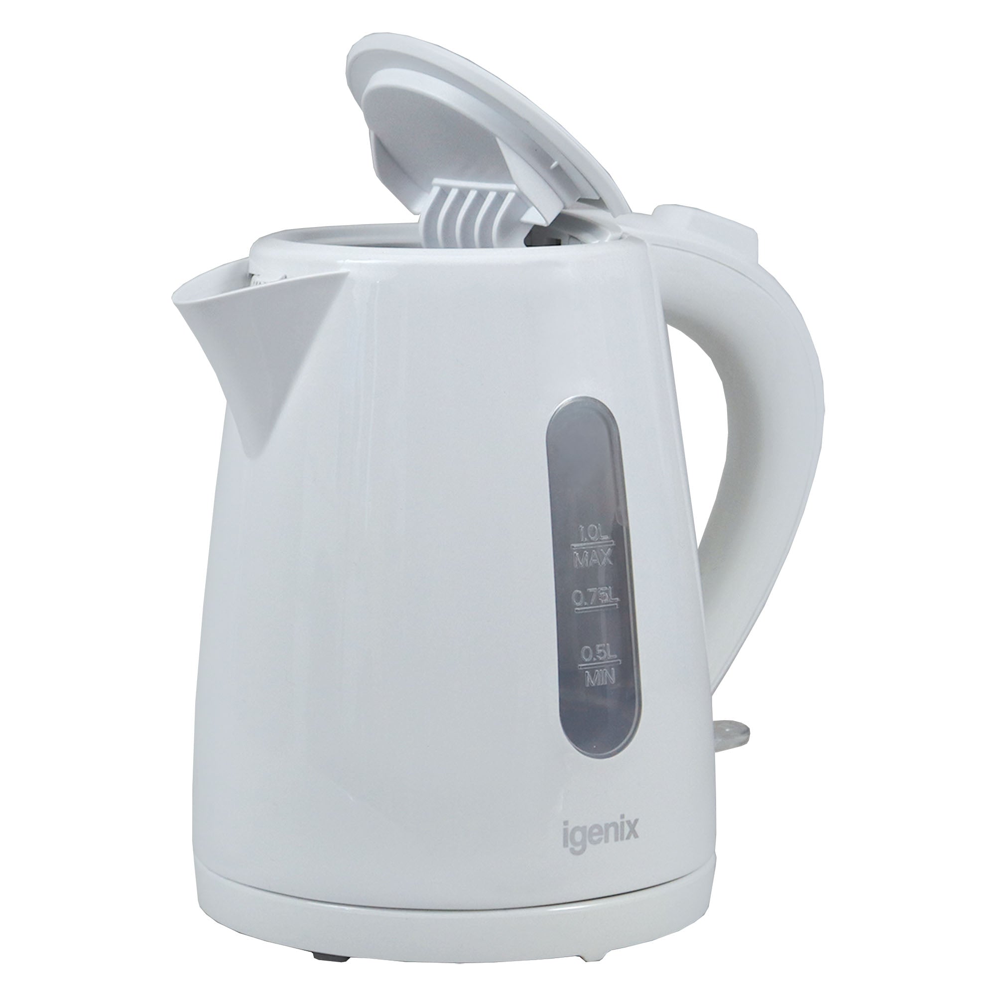 A white Igenix 1 Litre Cordless Jug Kettle is shown with its lid open, featuring a handle and a transparent water level window. The Igenix brand name is visible on the front. This energy-efficient kettle is equipped with a powerful 2200W element for rapid boiling.