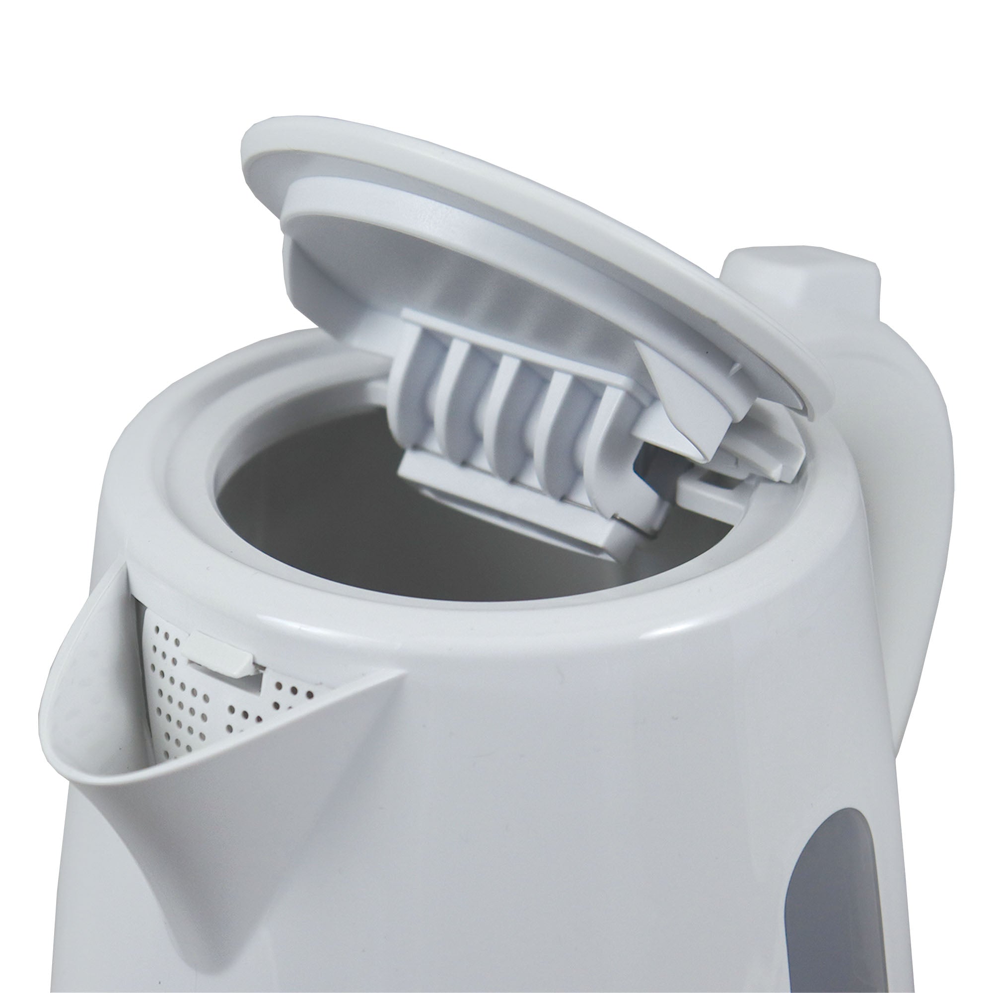 A close-up of the Igenix 1 Litre Cordless Jug Kettle in white, shown with its lid open to reveal the interior filter and spout—engineered for energy-efficient, rapid boiling with a powerful 2200W output.