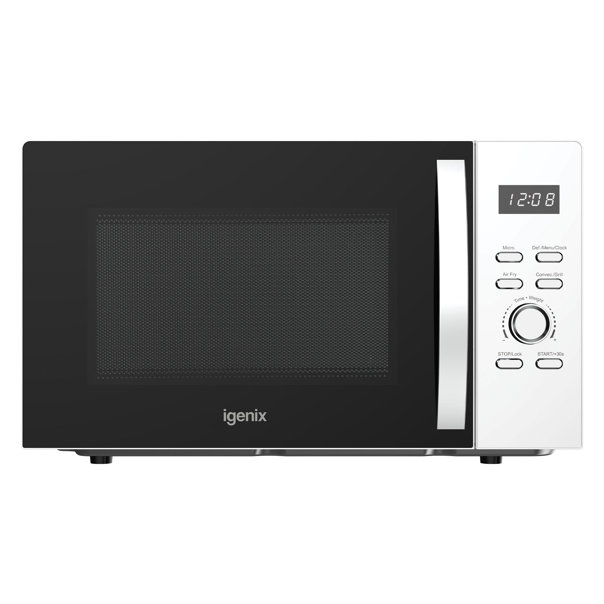 An Igenix Digital Microwave (25L, 850W, IGMC02580W) in white with a 60-minute timer, air fryer function, digital display showing 12:08, control buttons, and a right-side handle.
