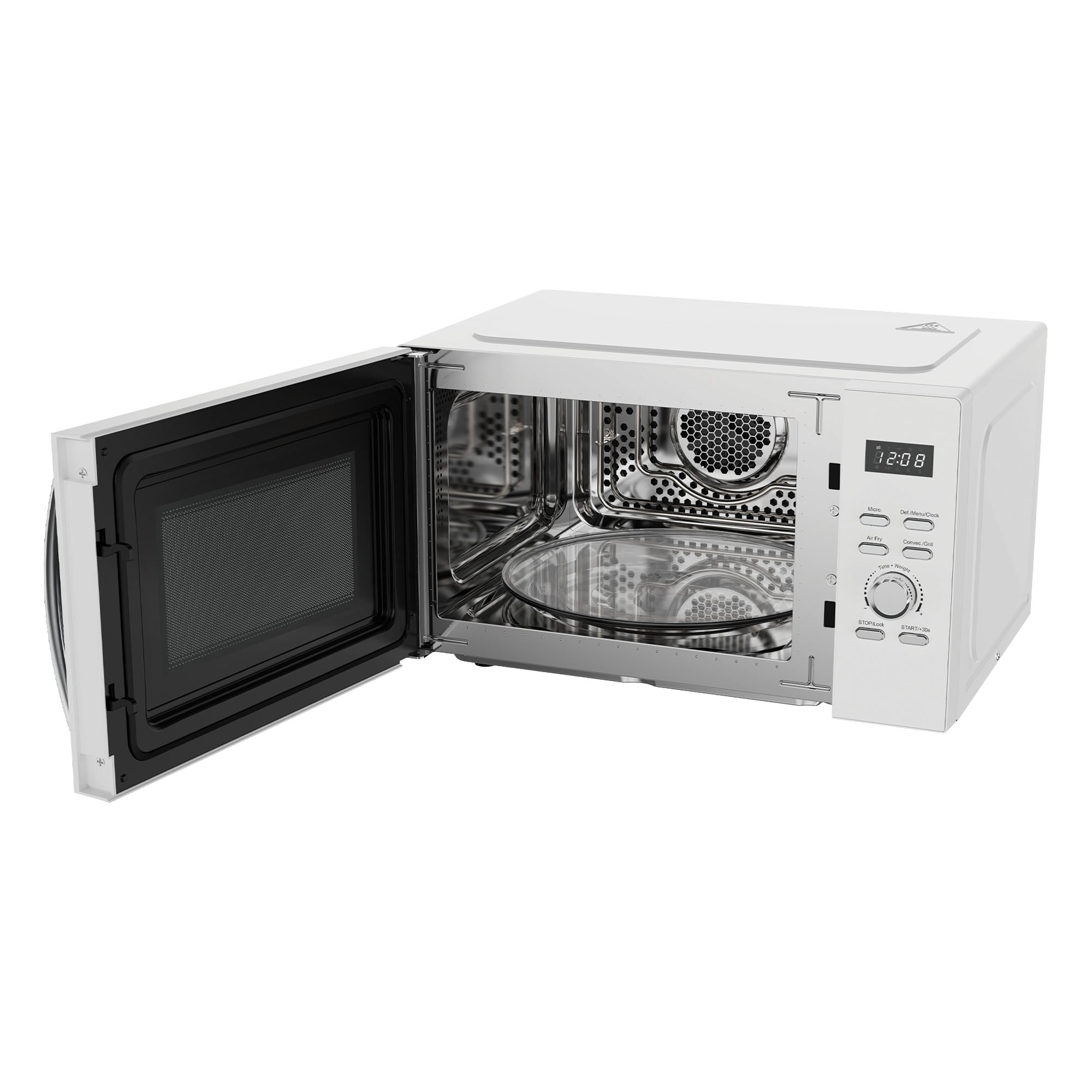 The Igenix Digital Microwave IGMC02580W is a white 25L 3-in-1 oven with air fryer, 60-min timer, 850W power, glass turntable, stainless steel interior, and right-side digital control panel with buttons.