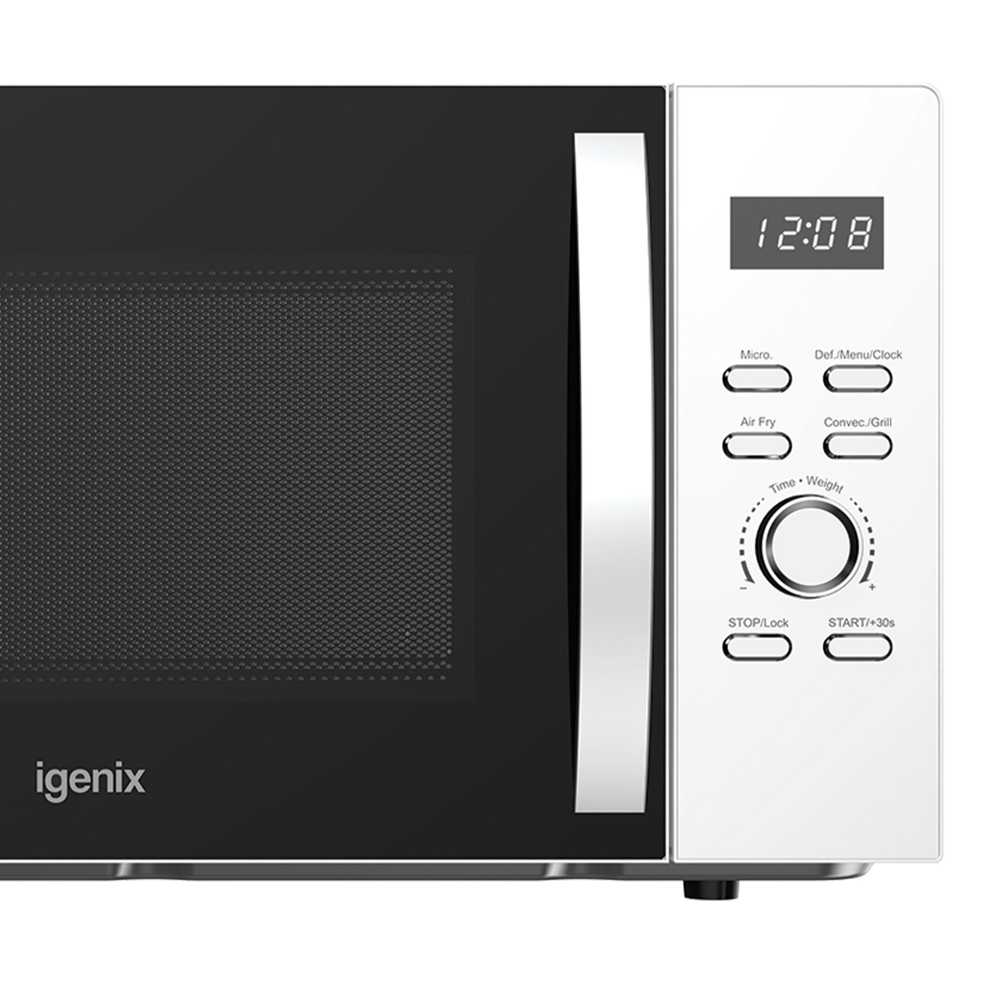 Front view of the Igenix Digital Microwave (25L, 850W, IGMC02580W) in white. Control panel on right shows 12:08 with buttons for air fry, convection/grill, stop/lock, and start. Sleek silver handle included.