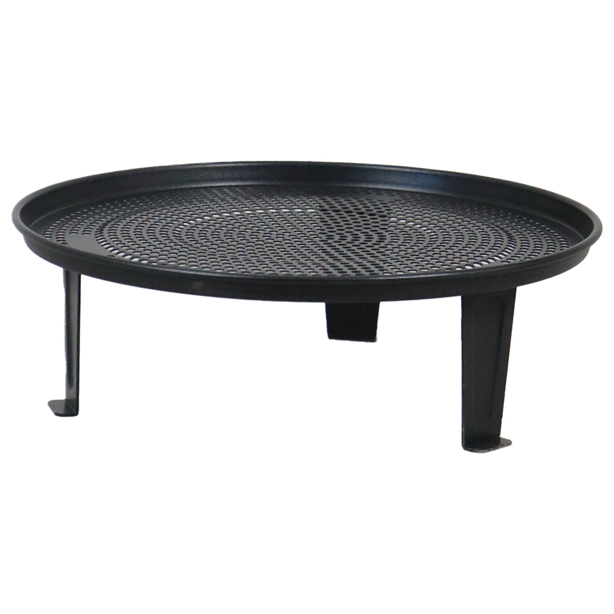 A round, black, metal mesh stand with three legs is ideal for use with the Igenix Digital Microwave 25L Air Fryer (IGMC02580W), featuring a perforated center to ensure optimal airflow and drainage during cooking.