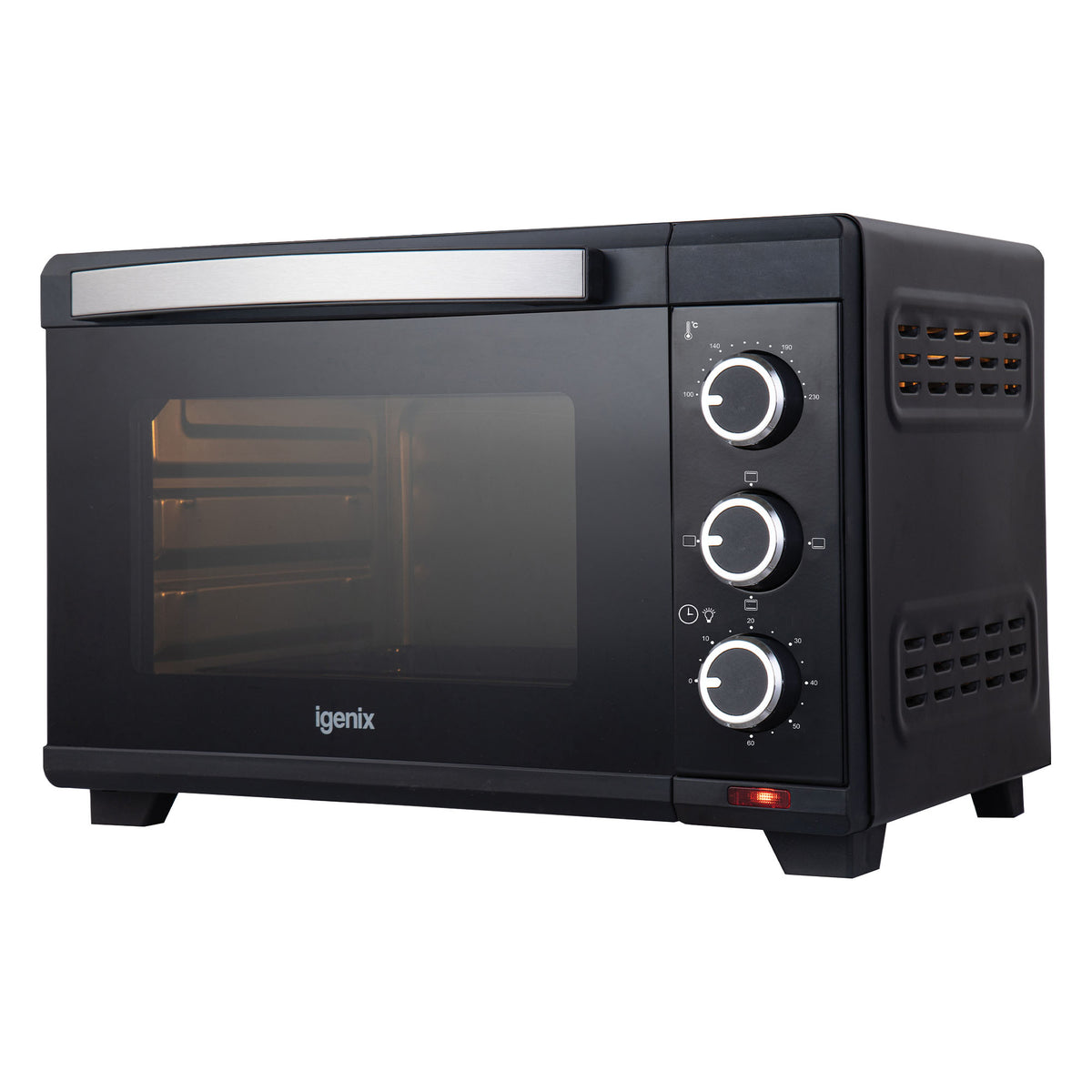 Igenix 25L Mini Oven in black, featuring a compact design with a glass door and three control dials on the right side.