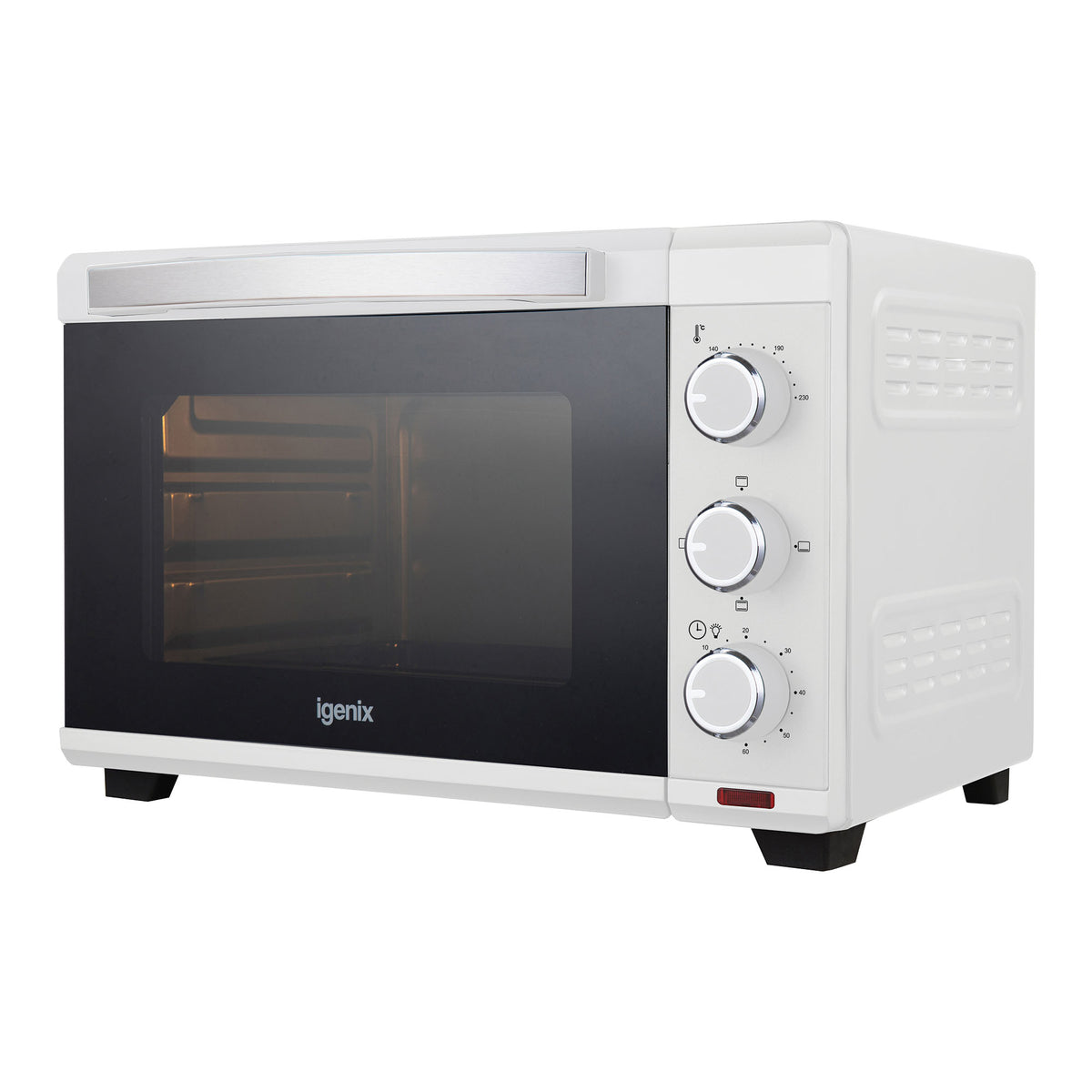 Igenix 25L Mini Oven in white, featuring a compact design with a glass door and three control dials on the side.
