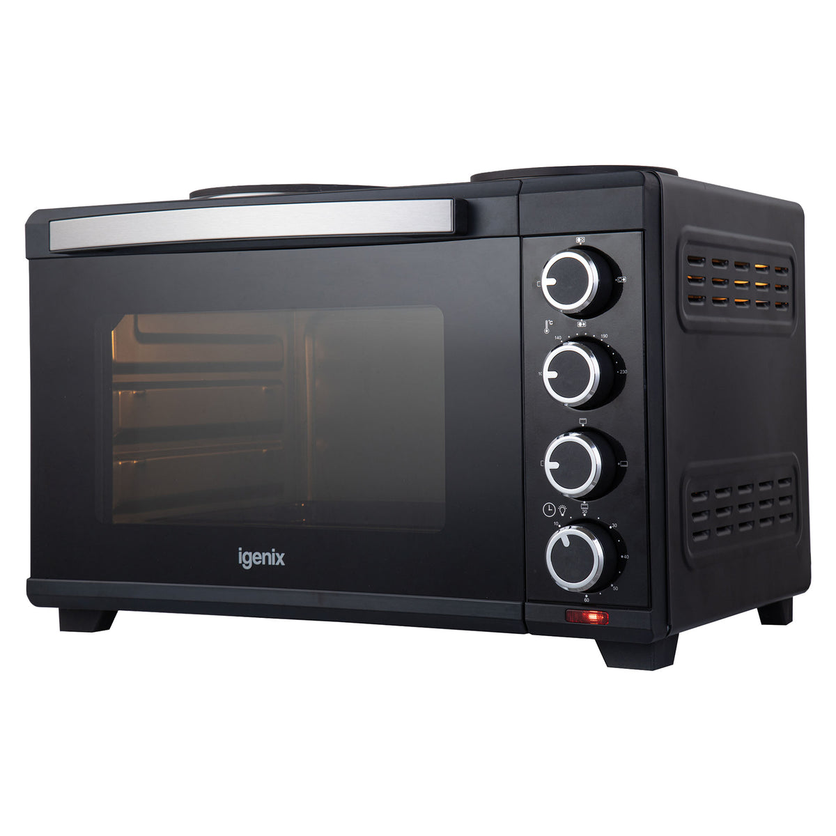 Introducing the Igenix 30L Mini Oven With Hotplates in black—a sleek, compact kitchen appliance featuring a modern design. It offers a glass door, vented panels, and four control knobs on the right side, making it ideal for small or limited spaces.